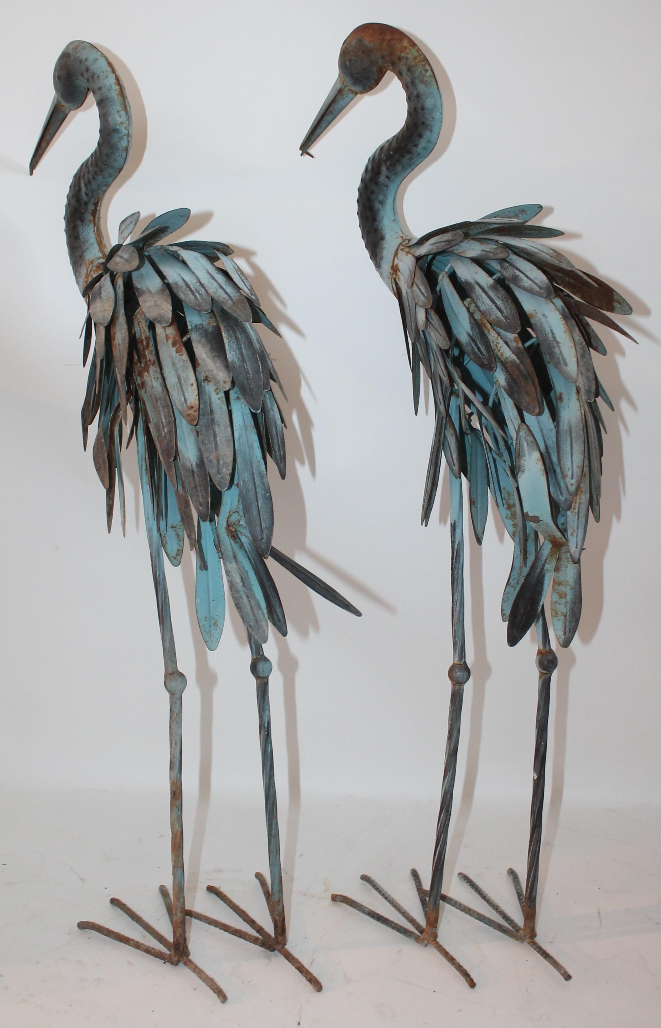 Pair of Blue Metal Flamingos in Original Blue Paint 2