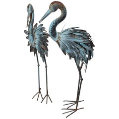 Pair of Blue Metal Flamingos in Original Blue Paint