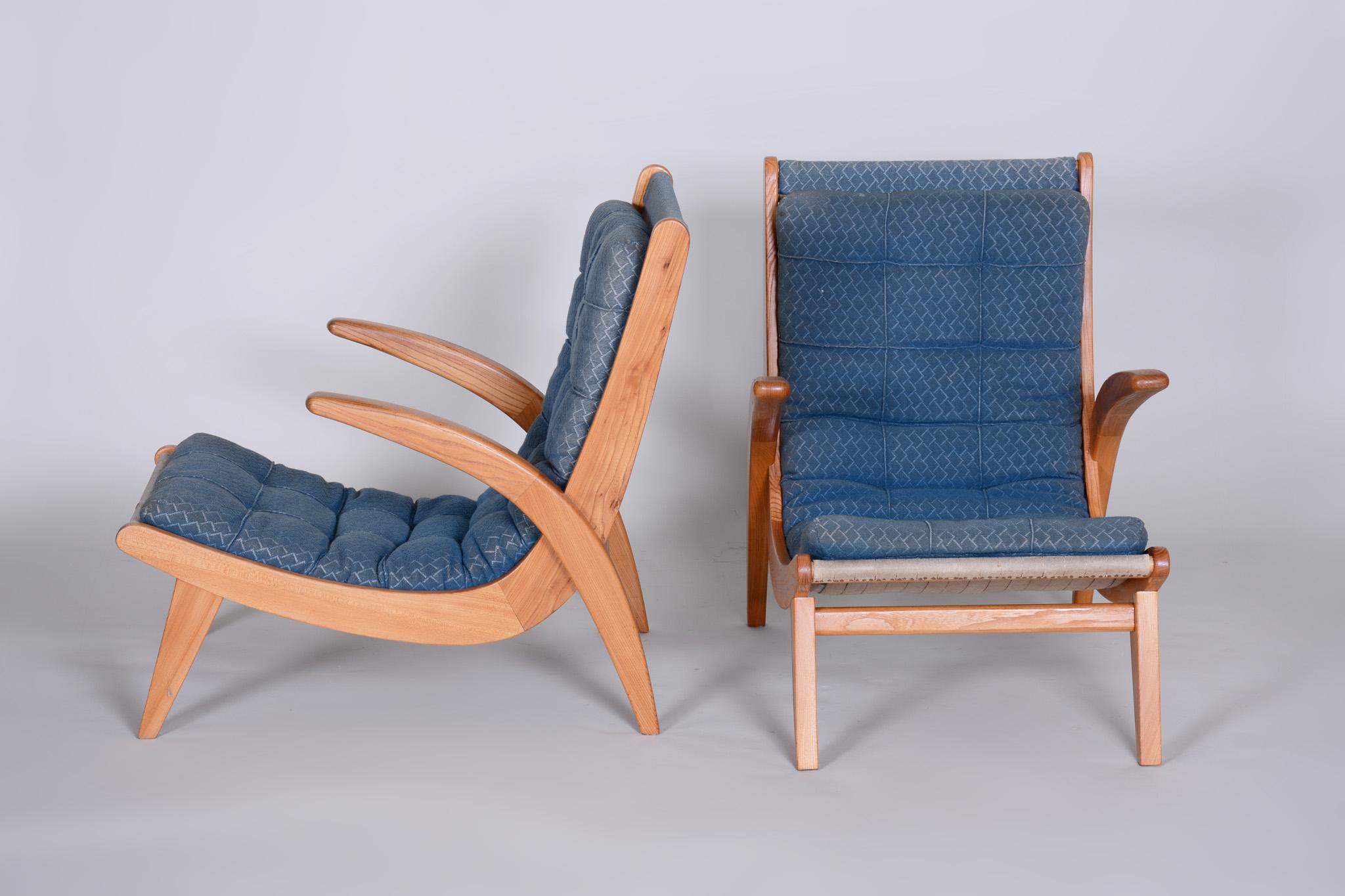 Pair of Blue Mid Century Armchairs, Designed by Jan Vaněk in the 1950s, Ash For Sale 8