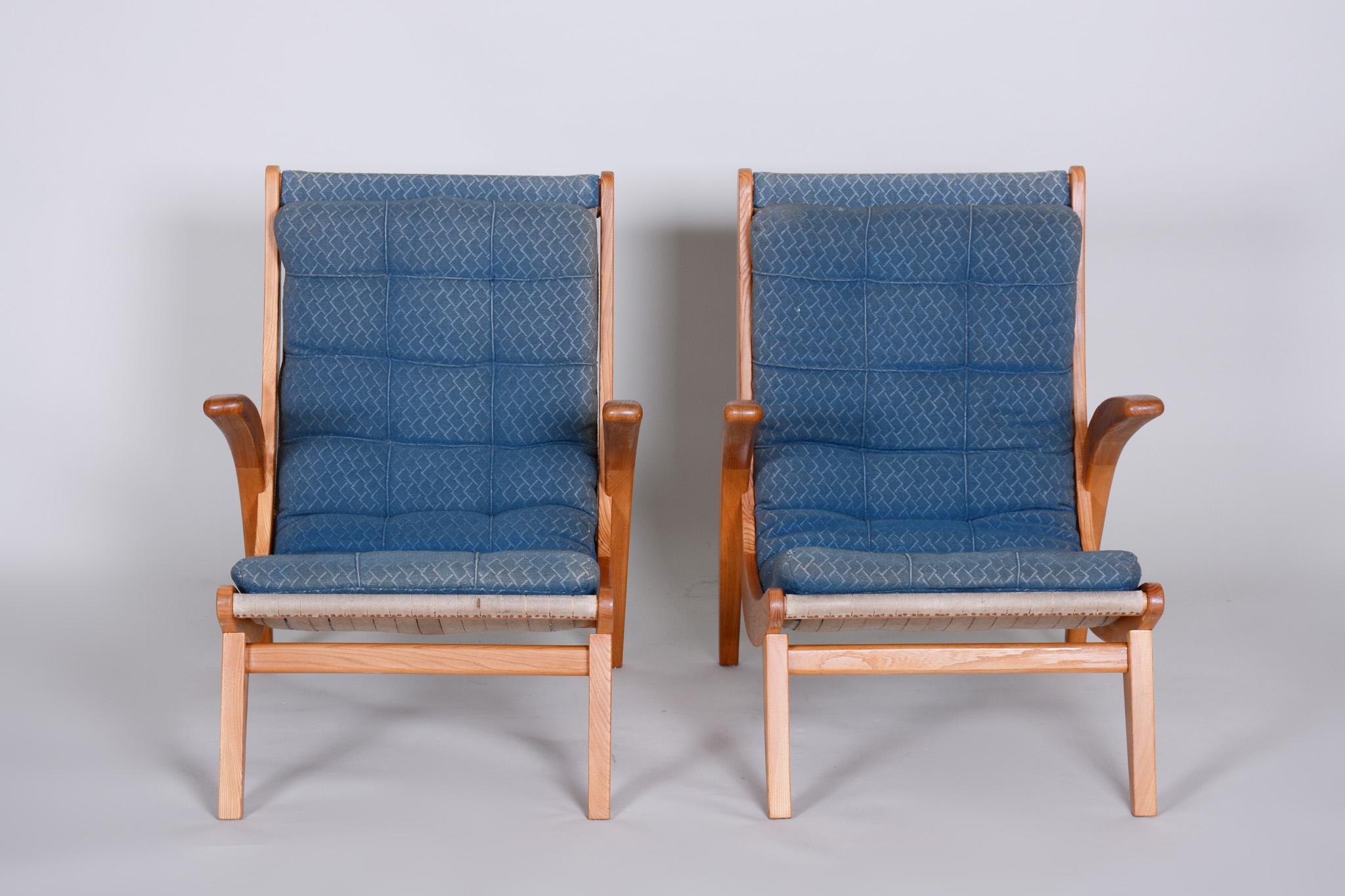 Pair of Blue Mid Century Armchairs, Designed by Jan Vaněk in the 1950s, Ash For Sale 9