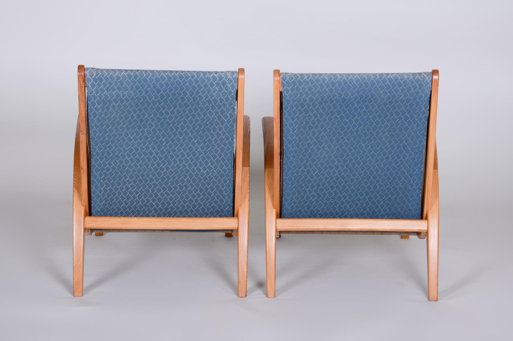 Pair of Blue Mid Century Armchairs, Designed by Jan Vaněk in the 1950s, Ash For Sale 10