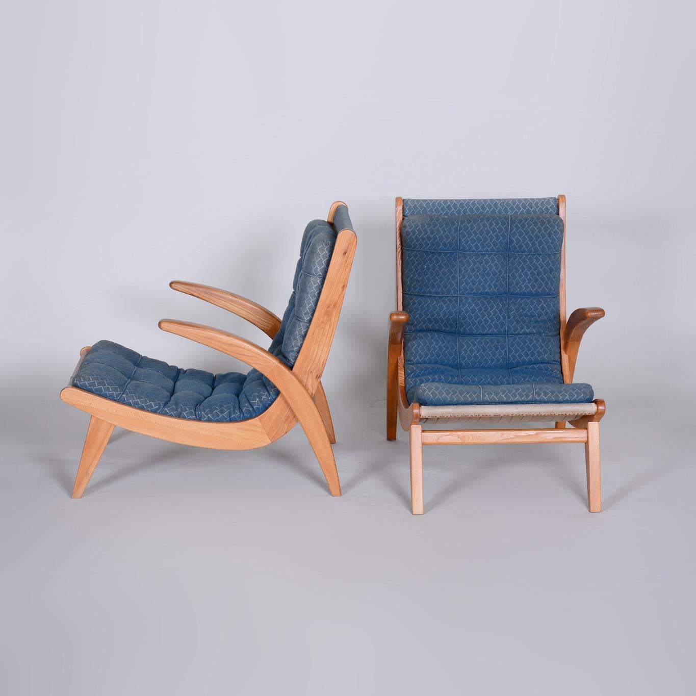 Czech Pair of Blue Mid Century Armchairs, Designed by Jan Vaněk in the 1950s, Ash For Sale