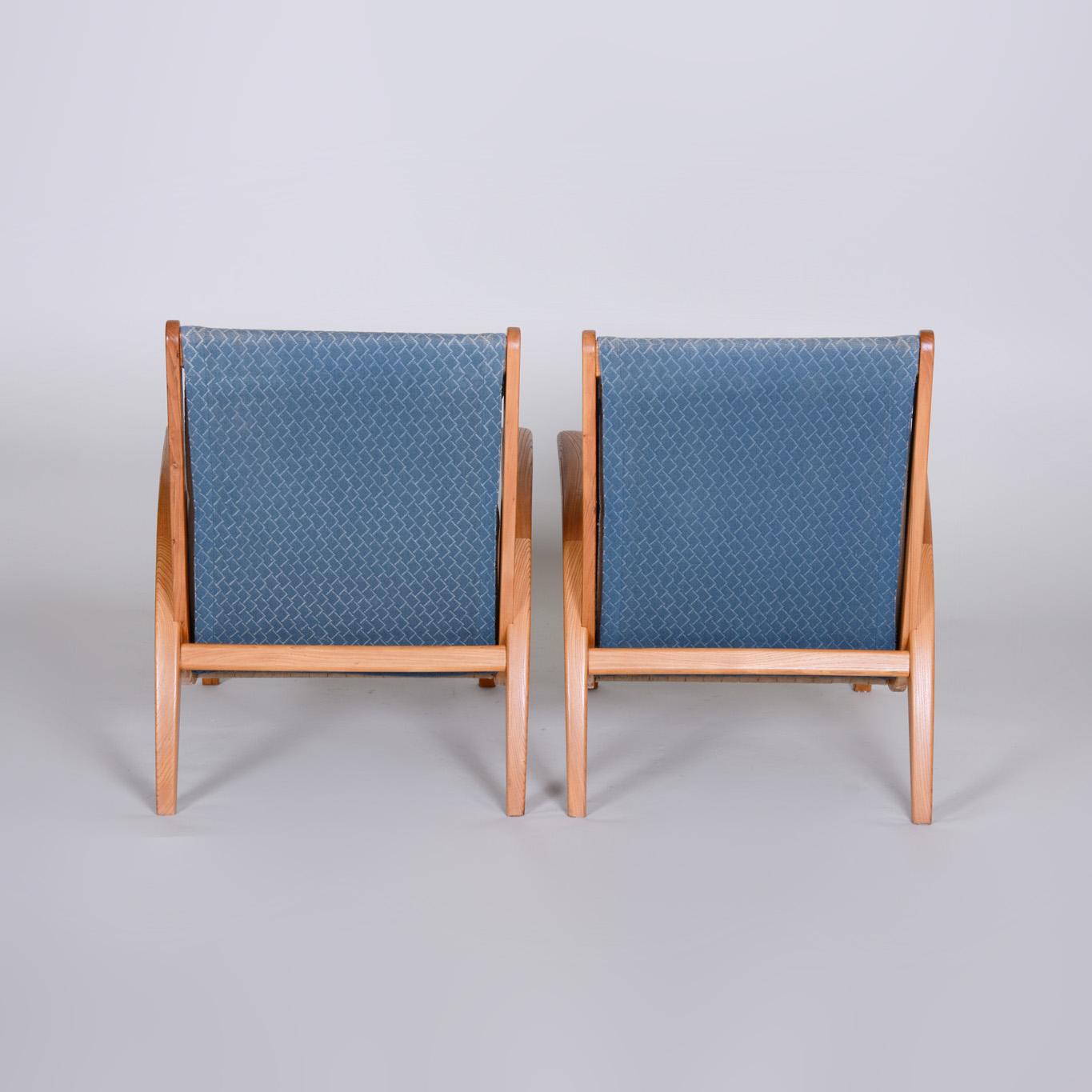 20th Century Pair of Blue Mid Century Armchairs, Designed by Jan Vaněk in the 1950s, Ash For Sale