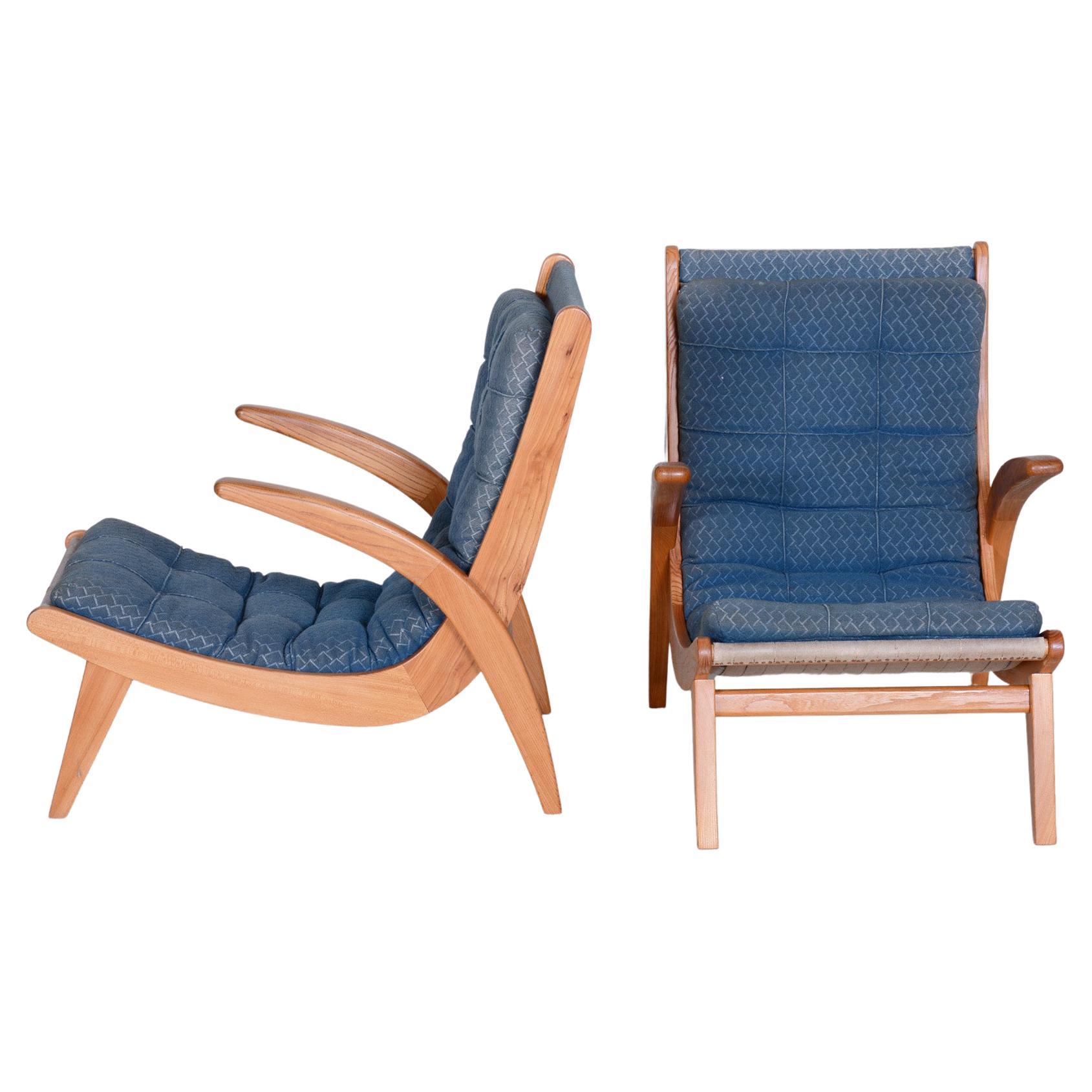 Ein Paar blaue Mid Century Sessel, entworfen von Jan Vaněk in den 1950er Jahren, Esche