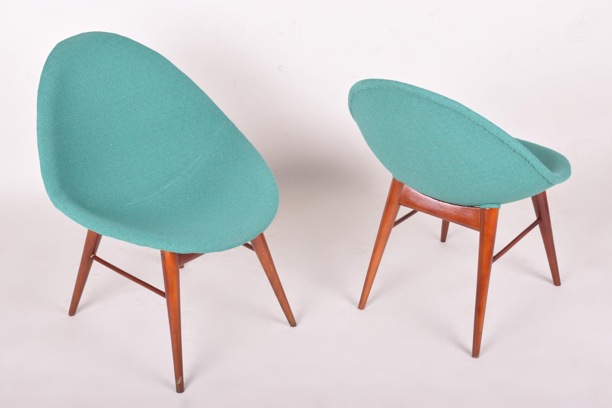 Fabric Pair of Blue Mid-Century Chairs, Made in 1960s Czechia, Fully Restored, Navrátil For Sale