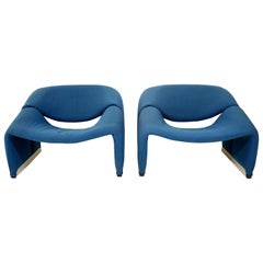 groovy pair Pair of Blue Midcentury Groovy Chairs F598 by Pierre Paulin for Artifort