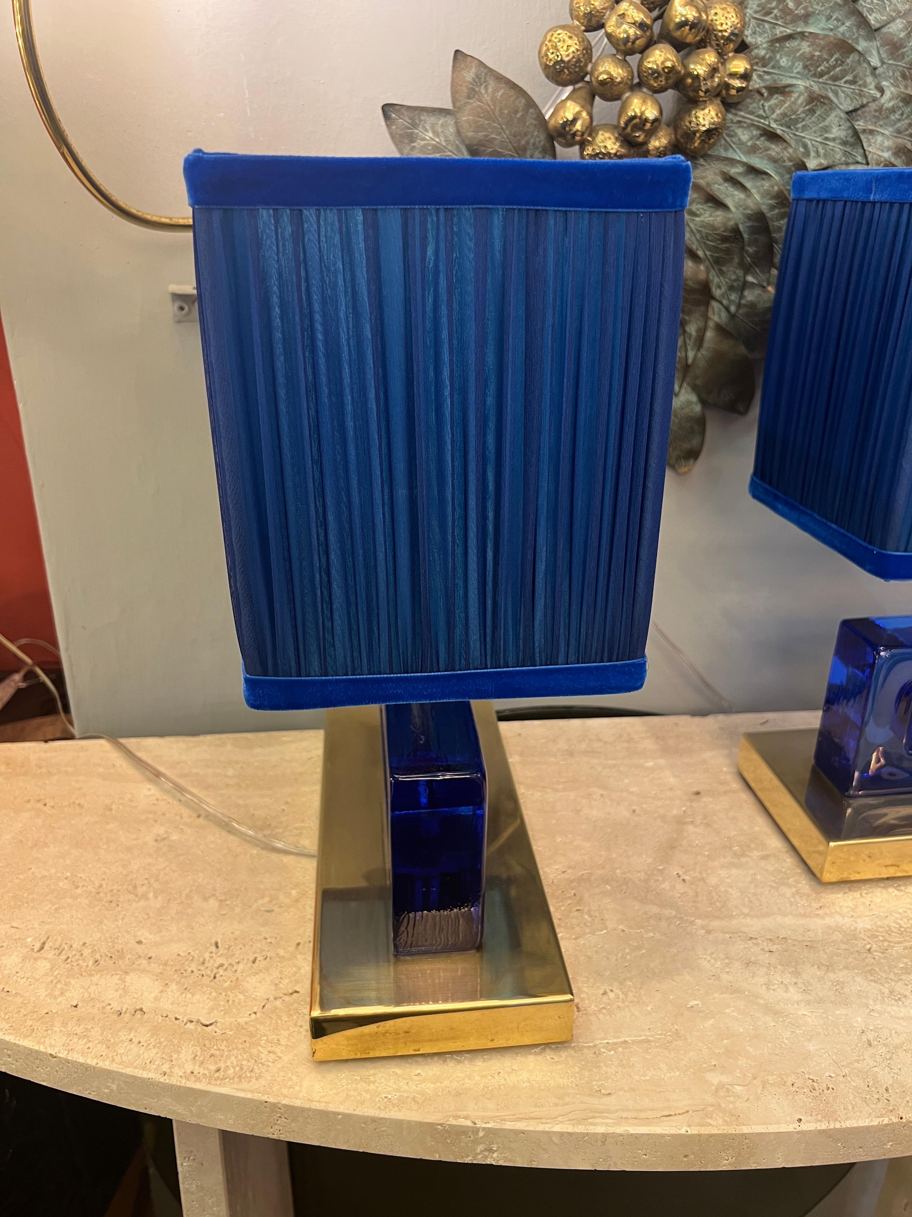 Pair of Blue Murano Glass Blocks Lamps with Our Double Color Lampshades, 1970s For Sale 3