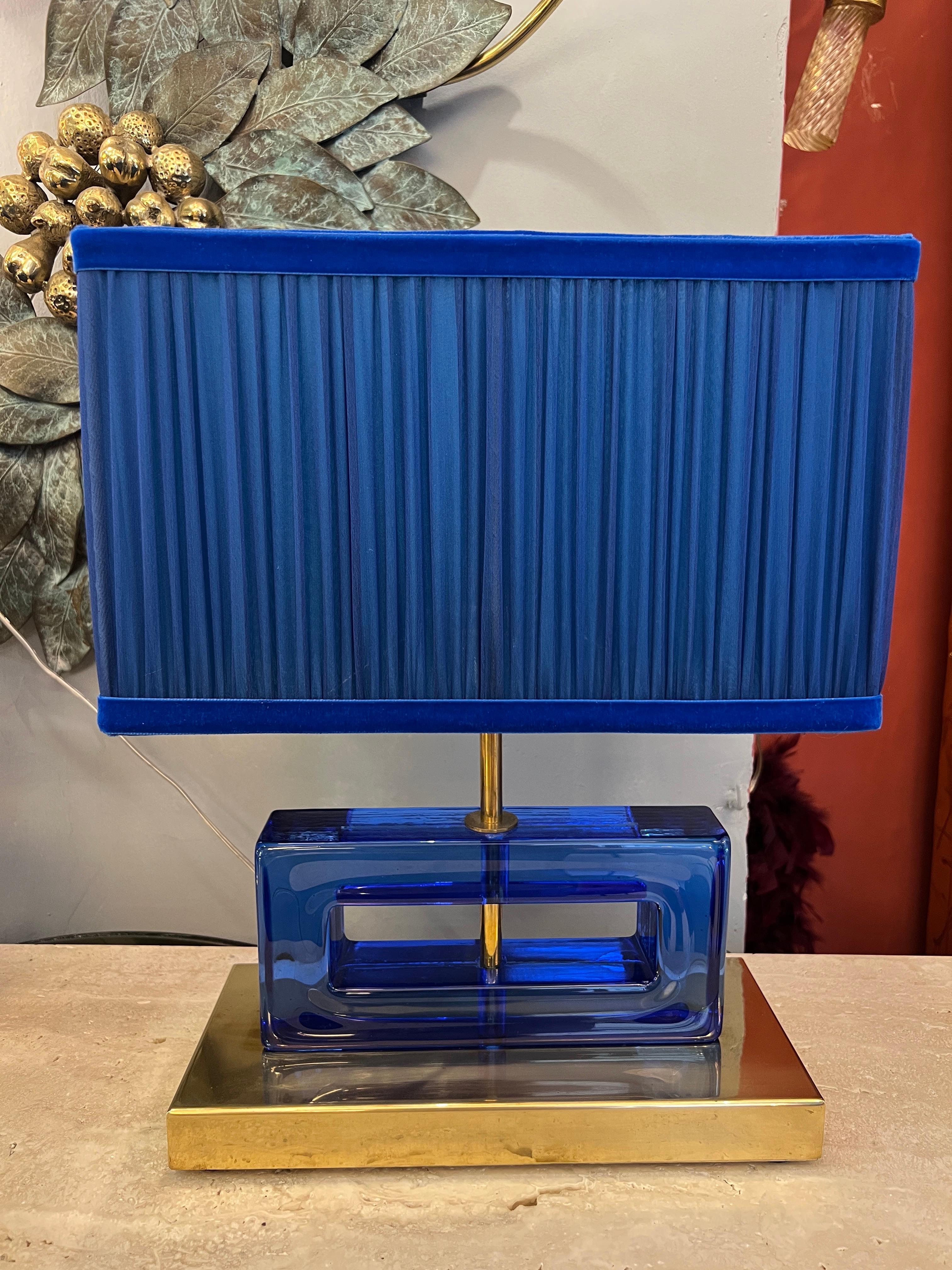 Pair of Blue Murano Glass Blocks Lamps with Our Double Color Lampshades, 1970s For Sale 4