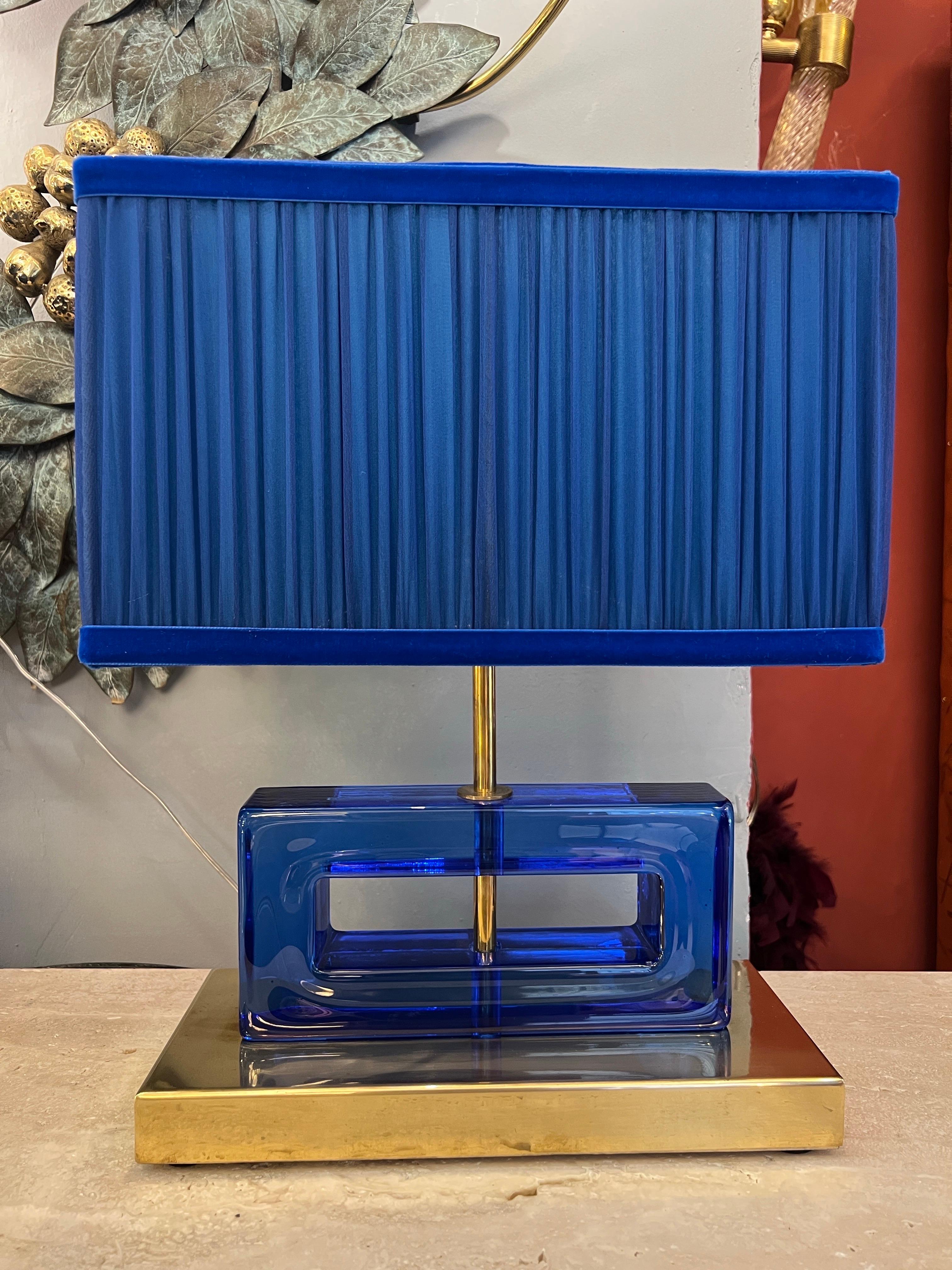 Pair of Blue Murano Glass Blocks Lamps with Our Double Color Lampshades, 1970s For Sale 5