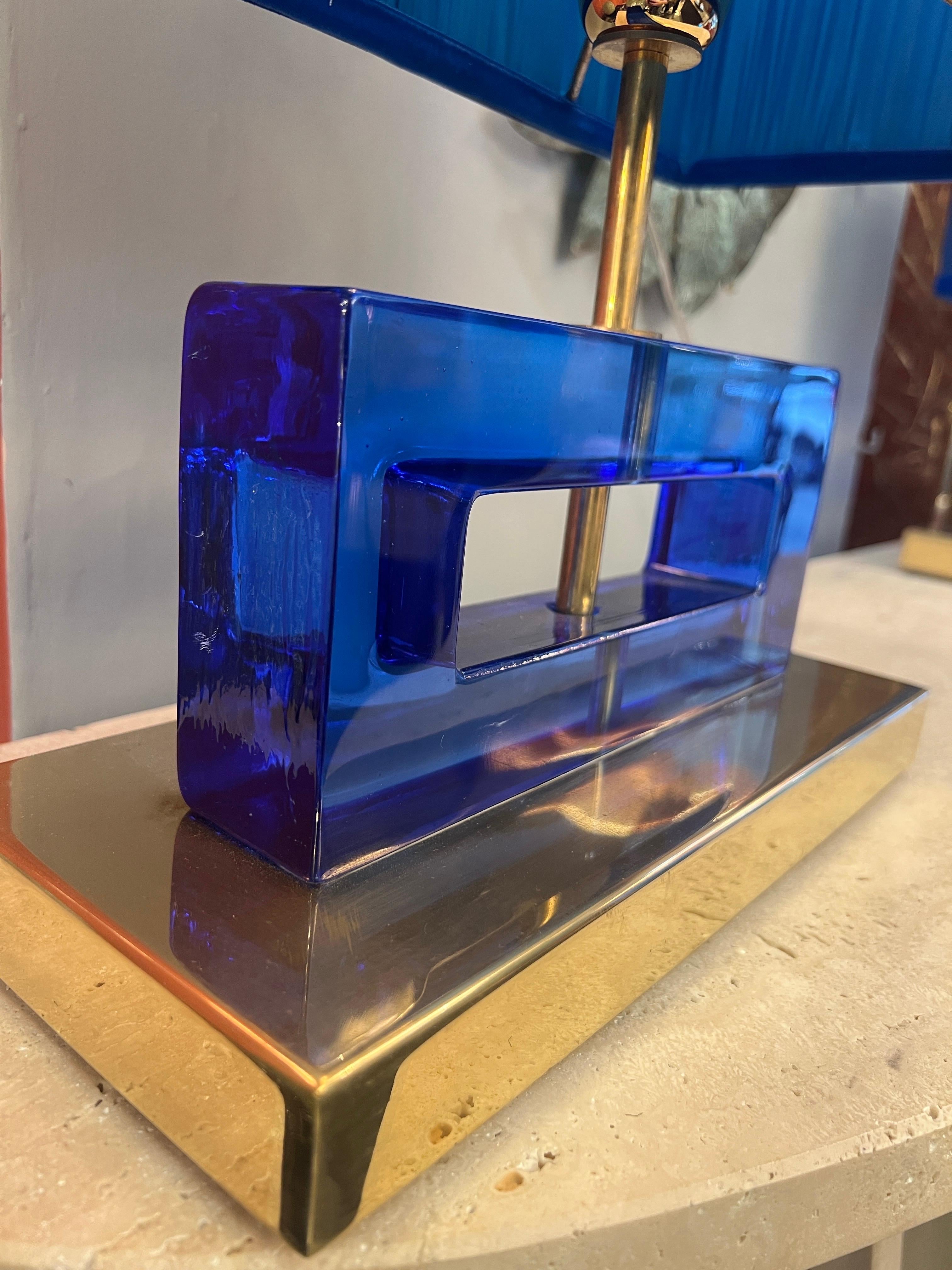 Pair of Blue Murano Glass Blocks Lamps with Our Double Color Lampshades, 1970s For Sale 6