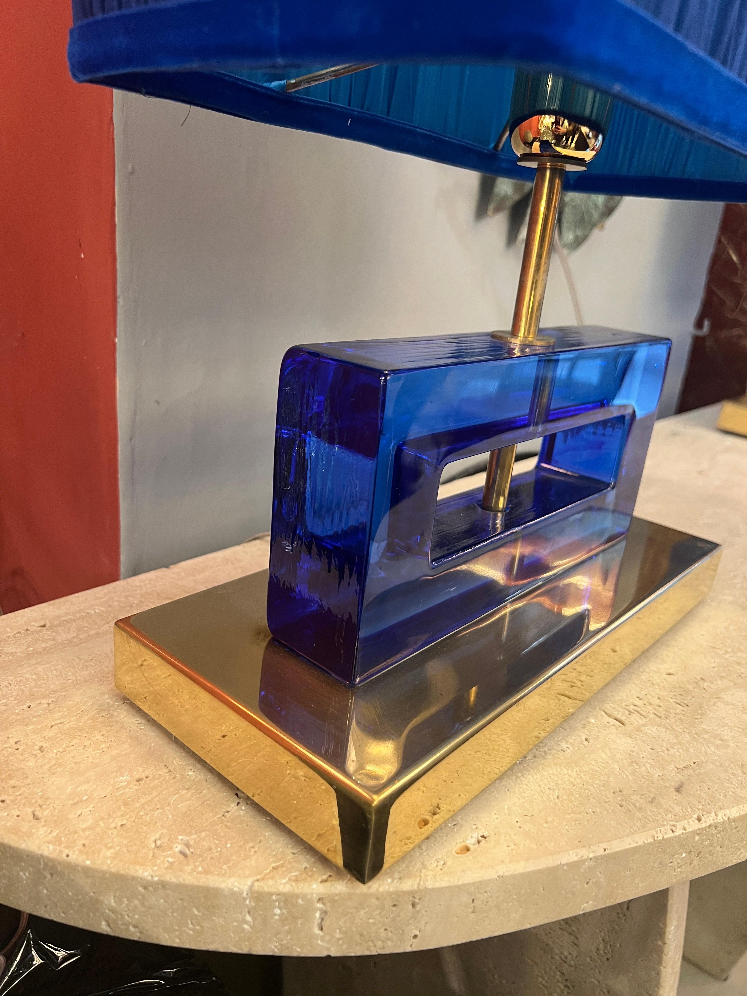 Pair of Blue Murano Glass Blocks Lamps with Our Double Color Lampshades, 1970s For Sale 7