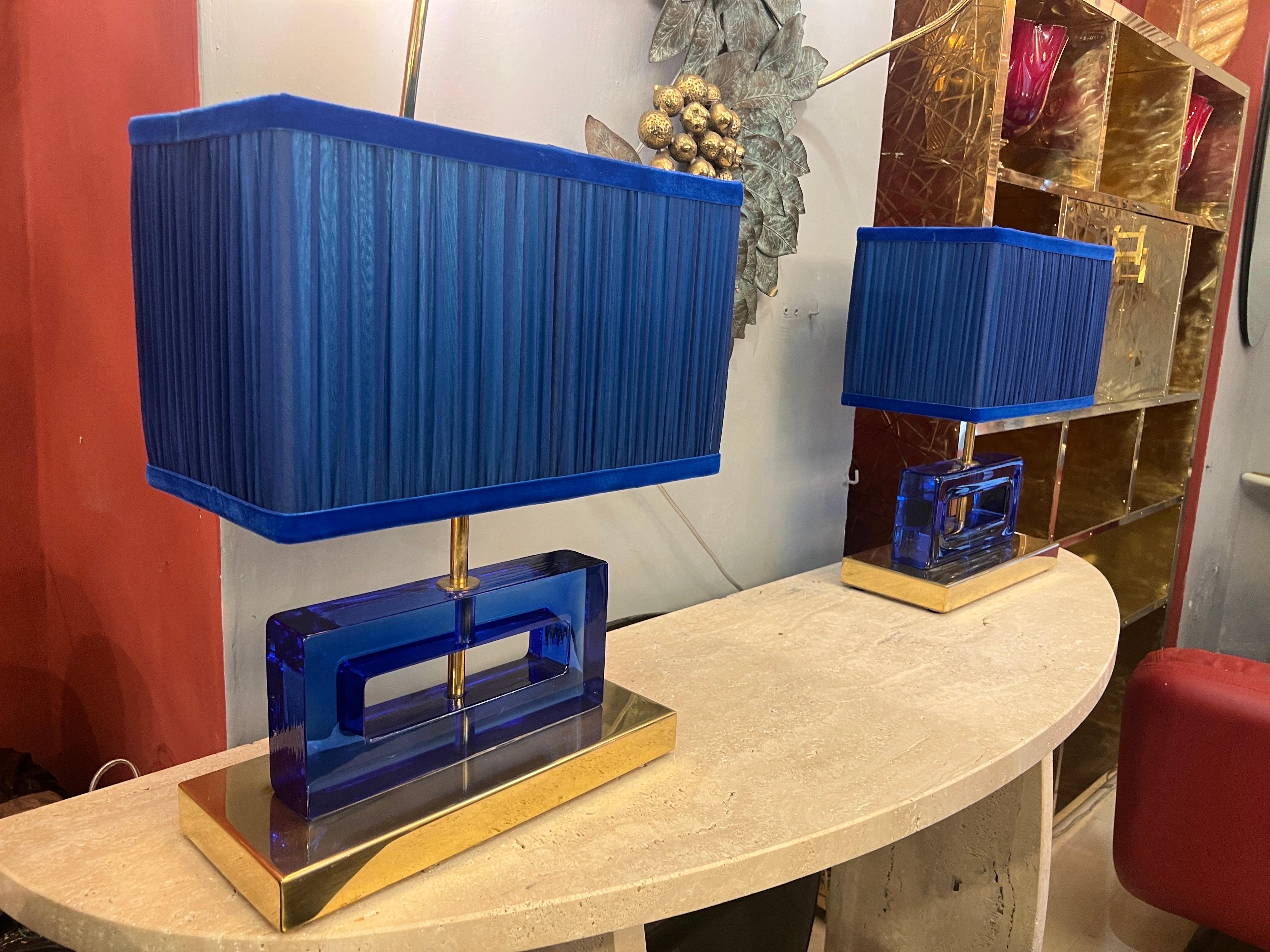 Pair of Blue Murano Glass Blocks Lamps with Our Double Color Lampshades, 1970s For Sale 8