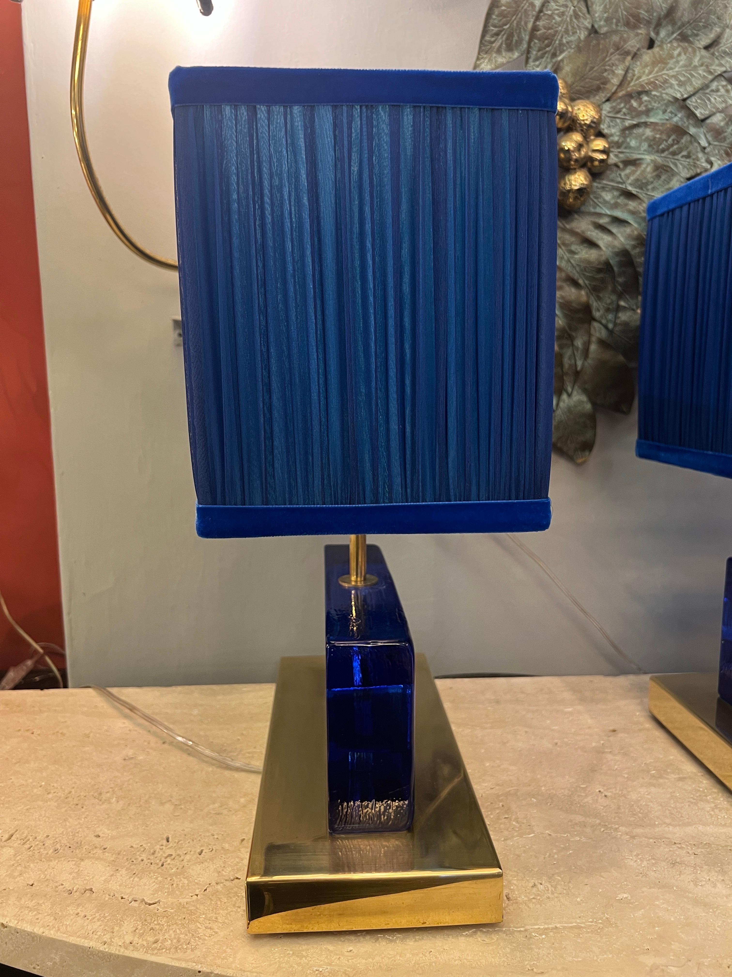 Pair of Blue Murano Glass Blocks Lamps with Our Double Color Lampshades, 1970s For Sale 10