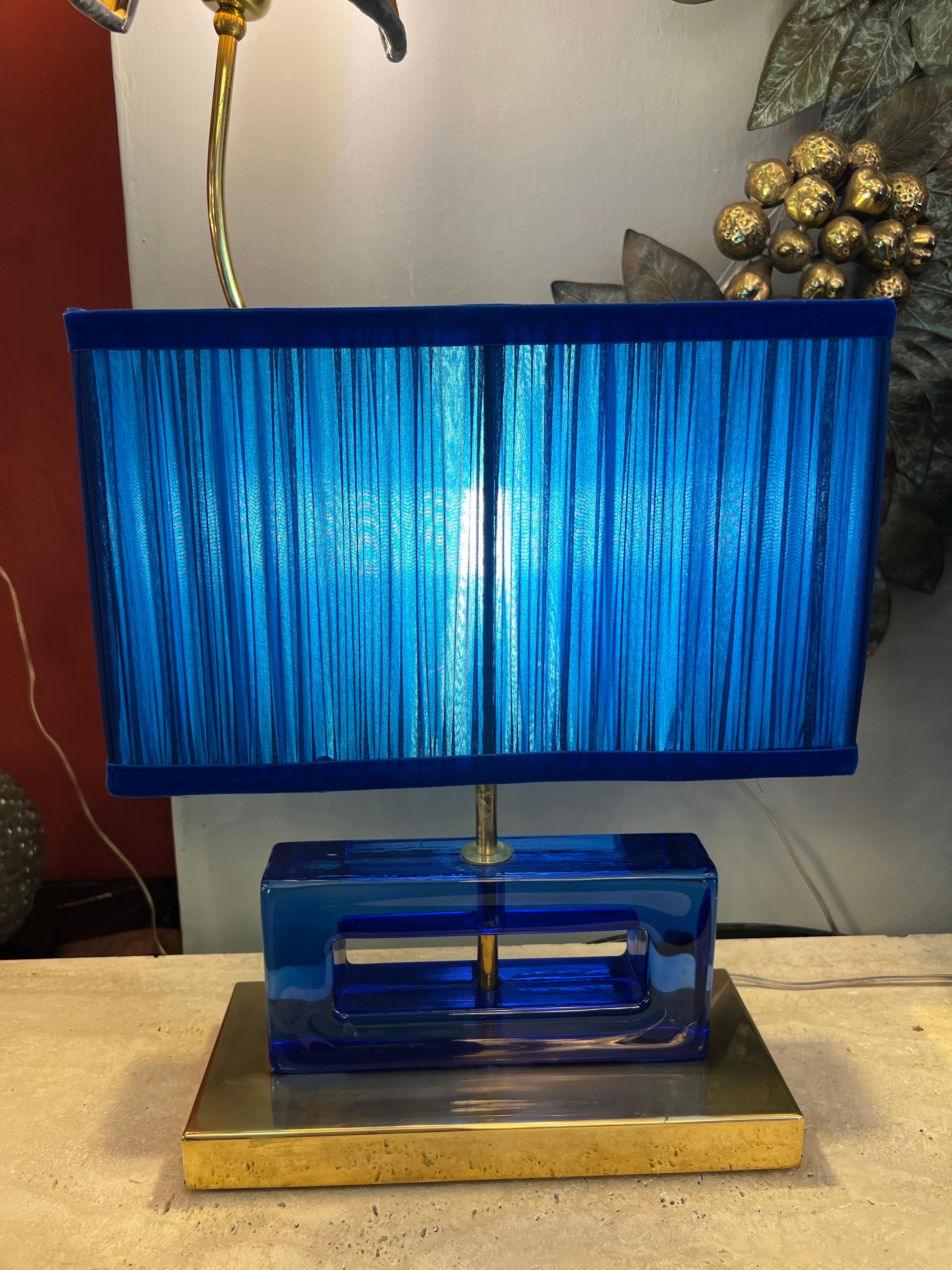 Pair of Blue Murano Glass Blocks Lamps with Our Double Color Lampshades, 1970s For Sale 11