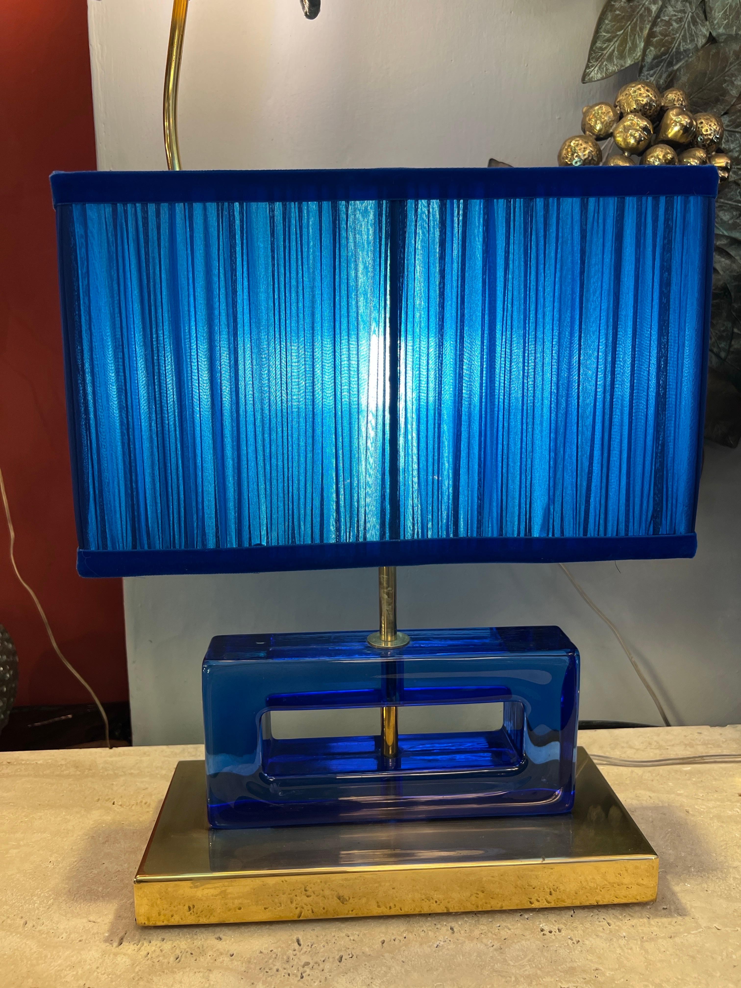 Pair of Blue Murano Glass Blocks Lamps with Our Double Color Lampshades, 1970s For Sale 12