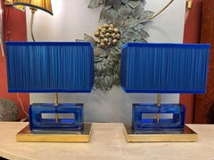 Pair of Blue Murano Glass Blocks Lamps with Our Double Color Lampshades, 1970s