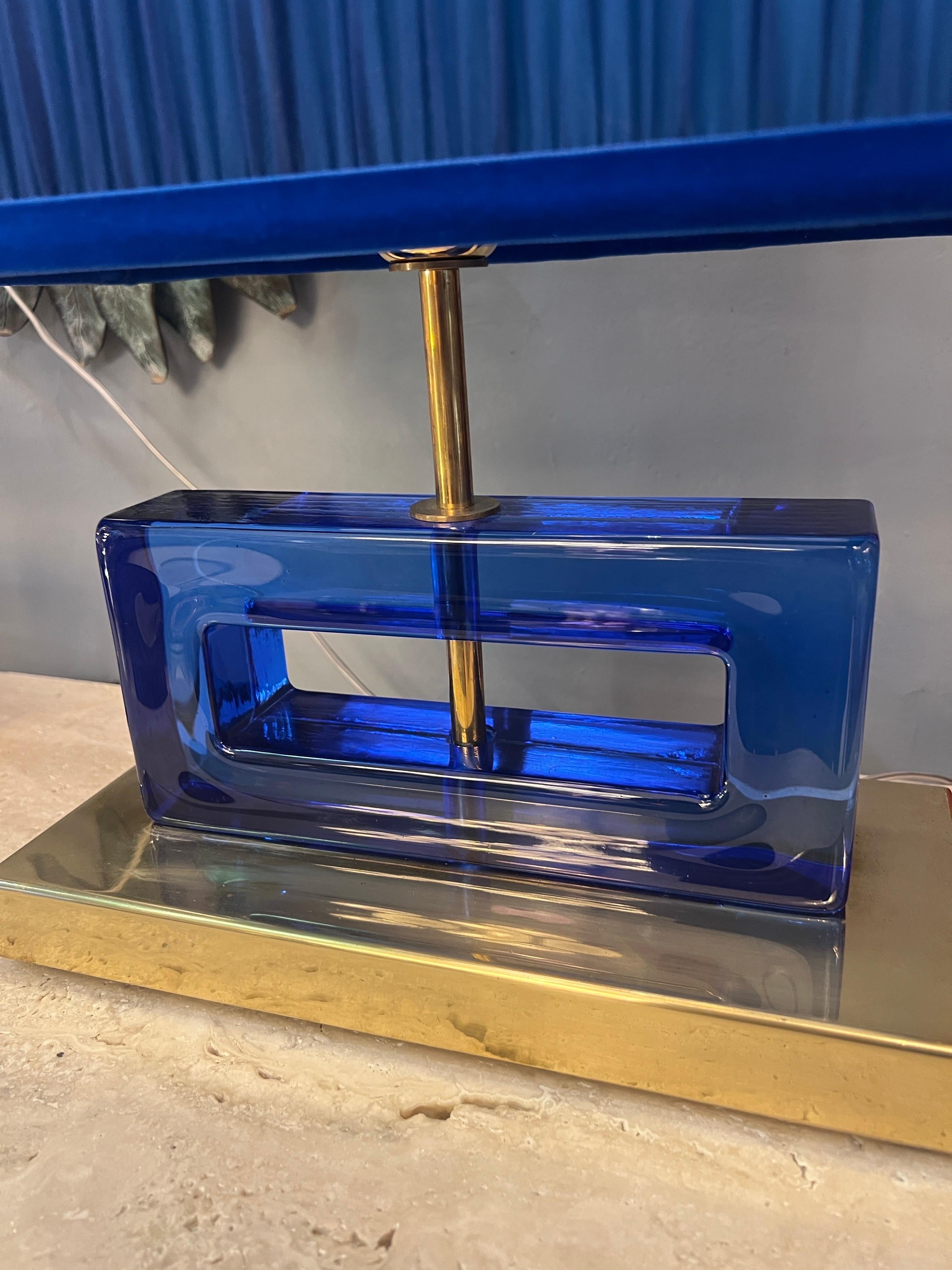 Modern Pair of Blue Murano Glass Blocks Lamps with Our Double Color Lampshades, 1970s For Sale