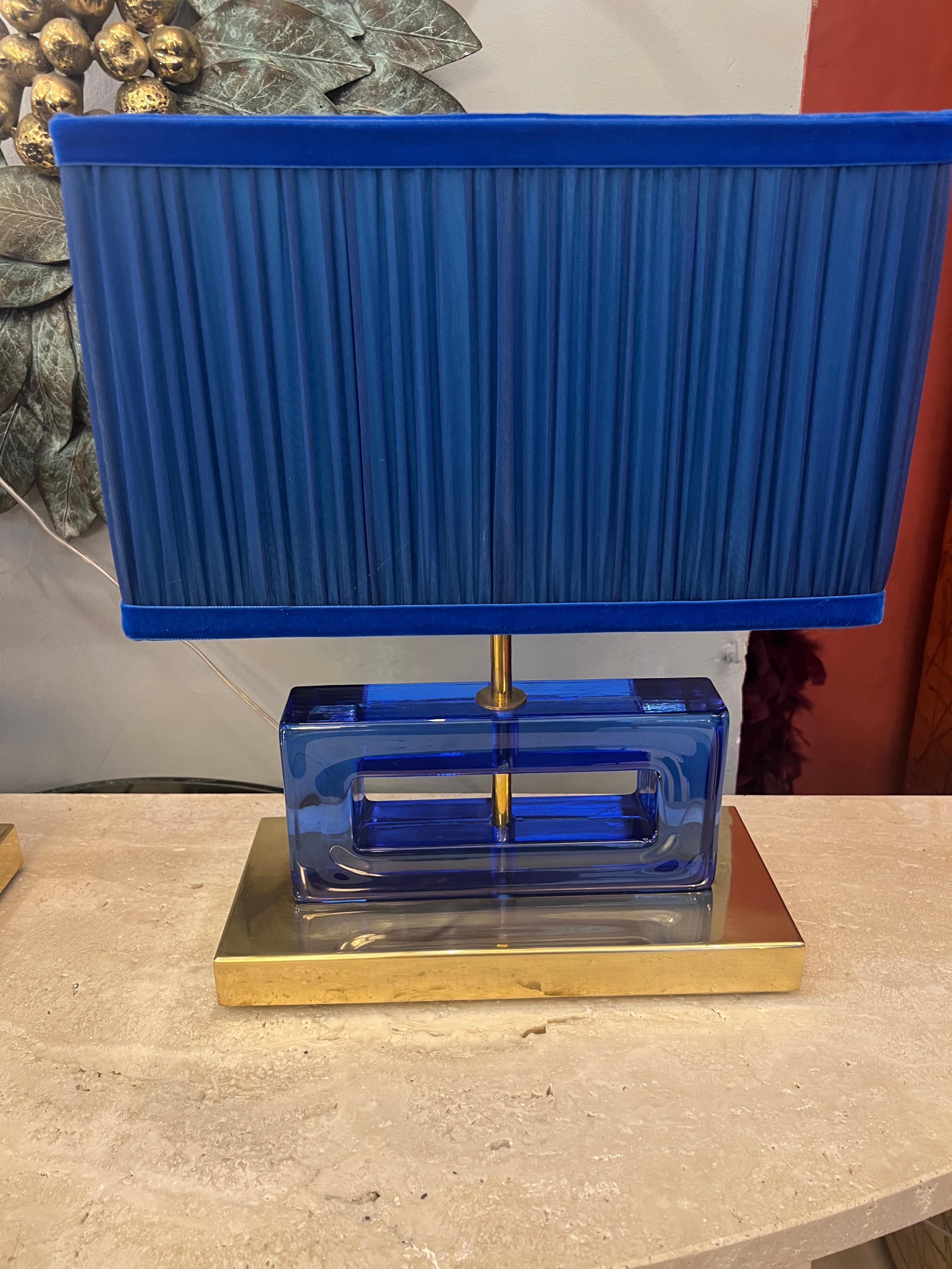 Italian Pair of Blue Murano Glass Blocks Lamps with Our Double Color Lampshades, 1970s For Sale