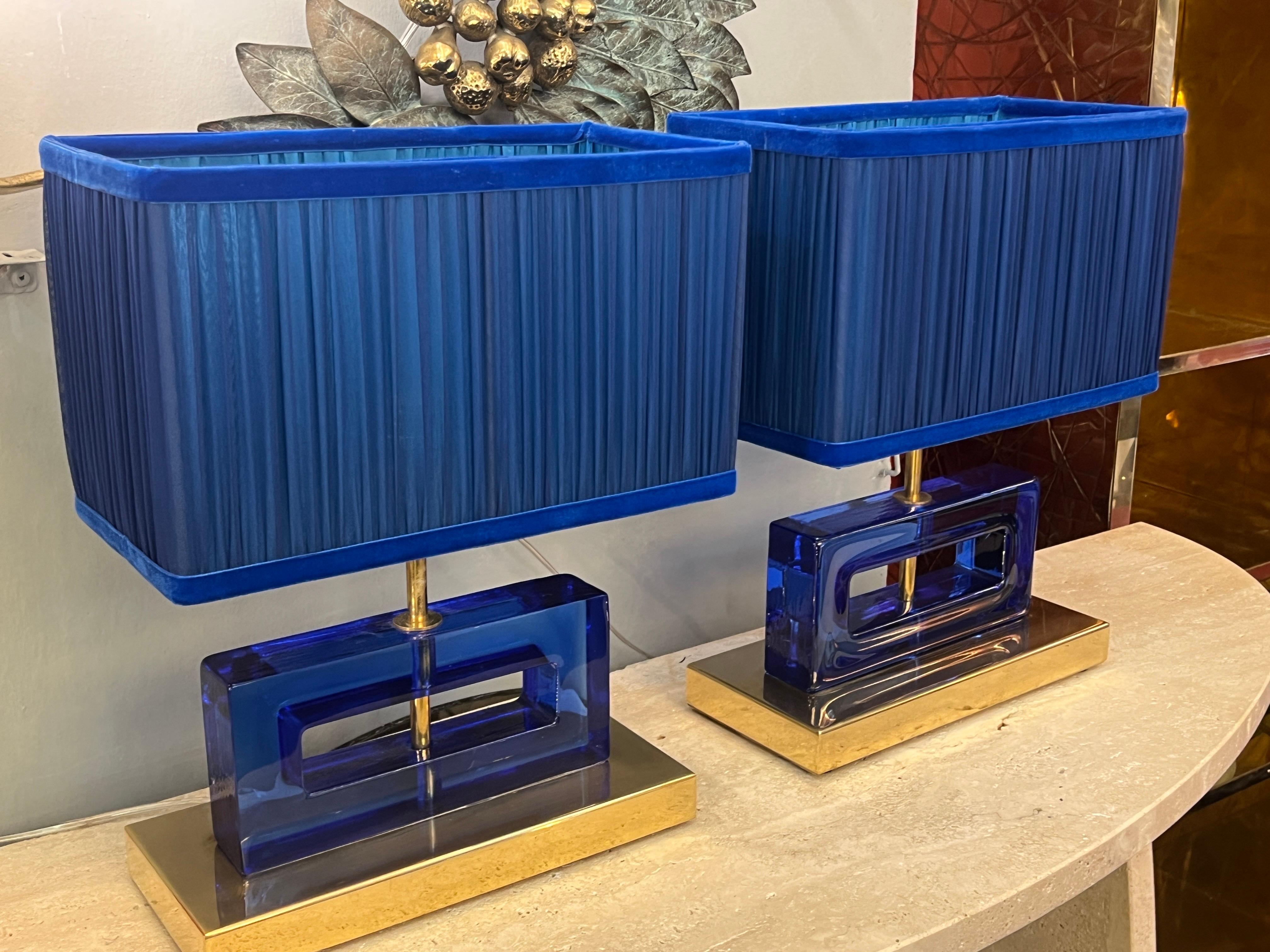Pair of Blue Murano Glass Blocks Lamps with Our Double Color Lampshades, 1970s In Excellent Condition For Sale In Florence, IT