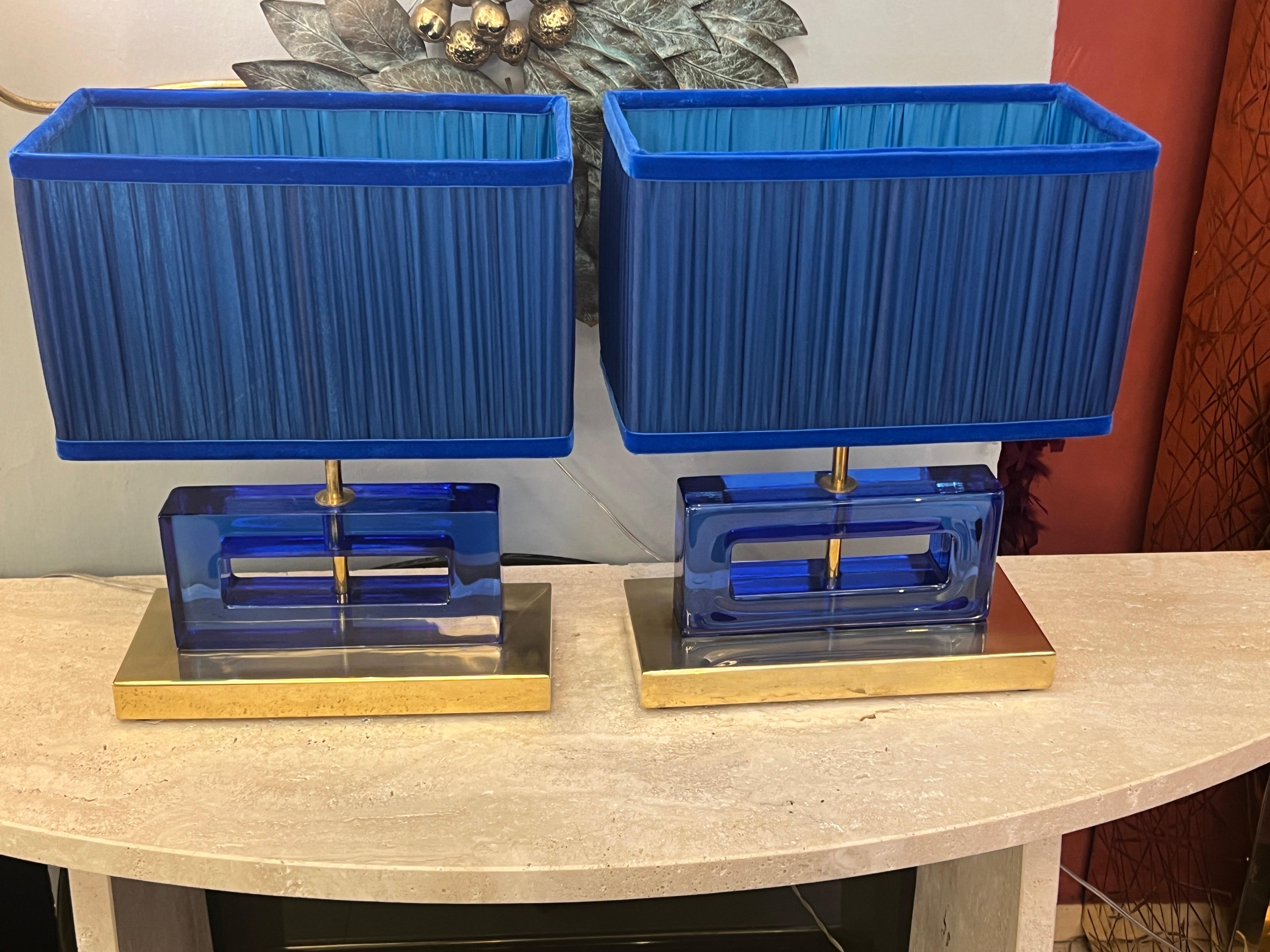 Late 20th Century Pair of Blue Murano Glass Blocks Lamps with Our Double Color Lampshades, 1970s For Sale