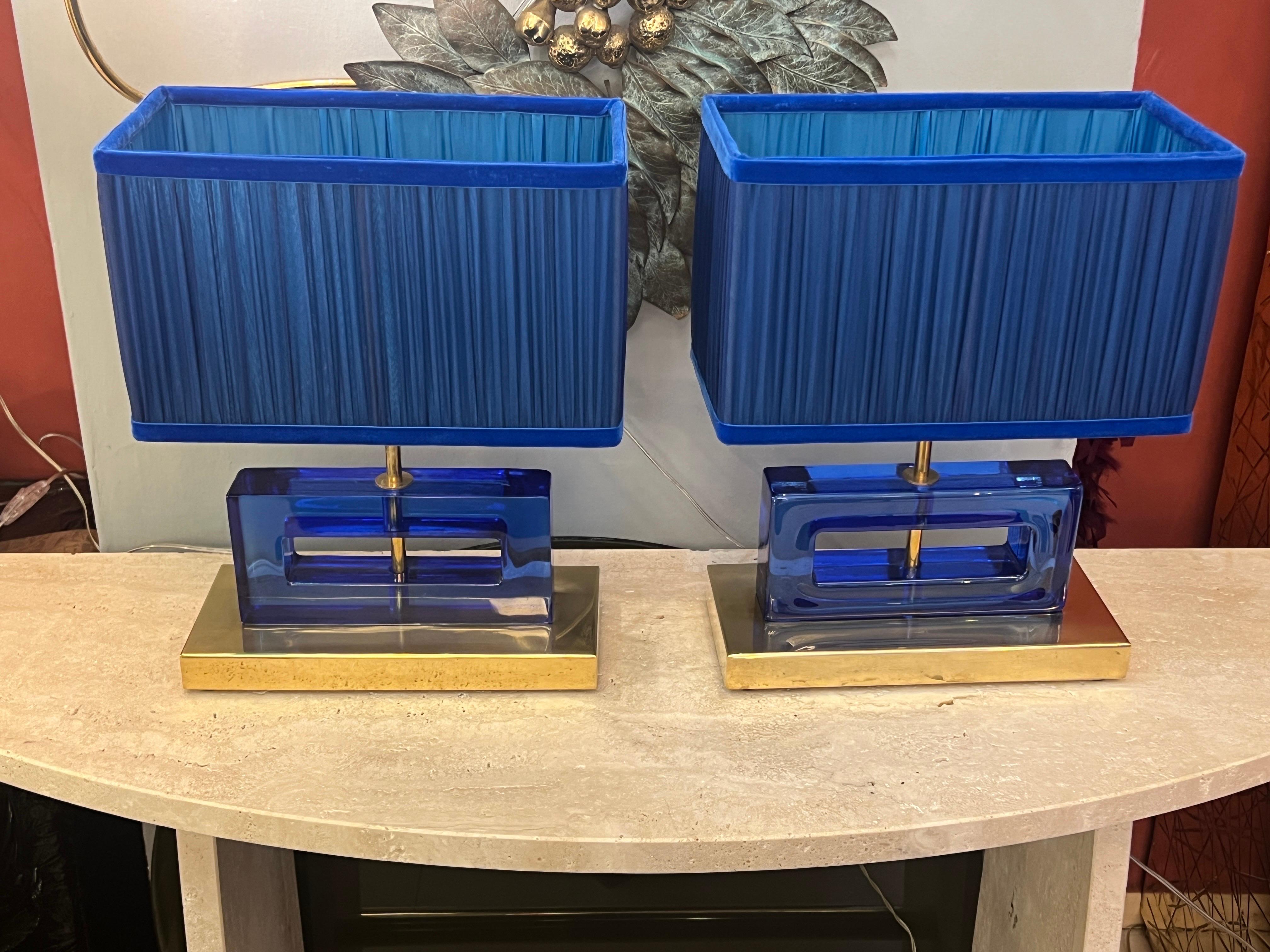 Brass Pair of Blue Murano Glass Blocks Lamps with Our Double Color Lampshades, 1970s For Sale