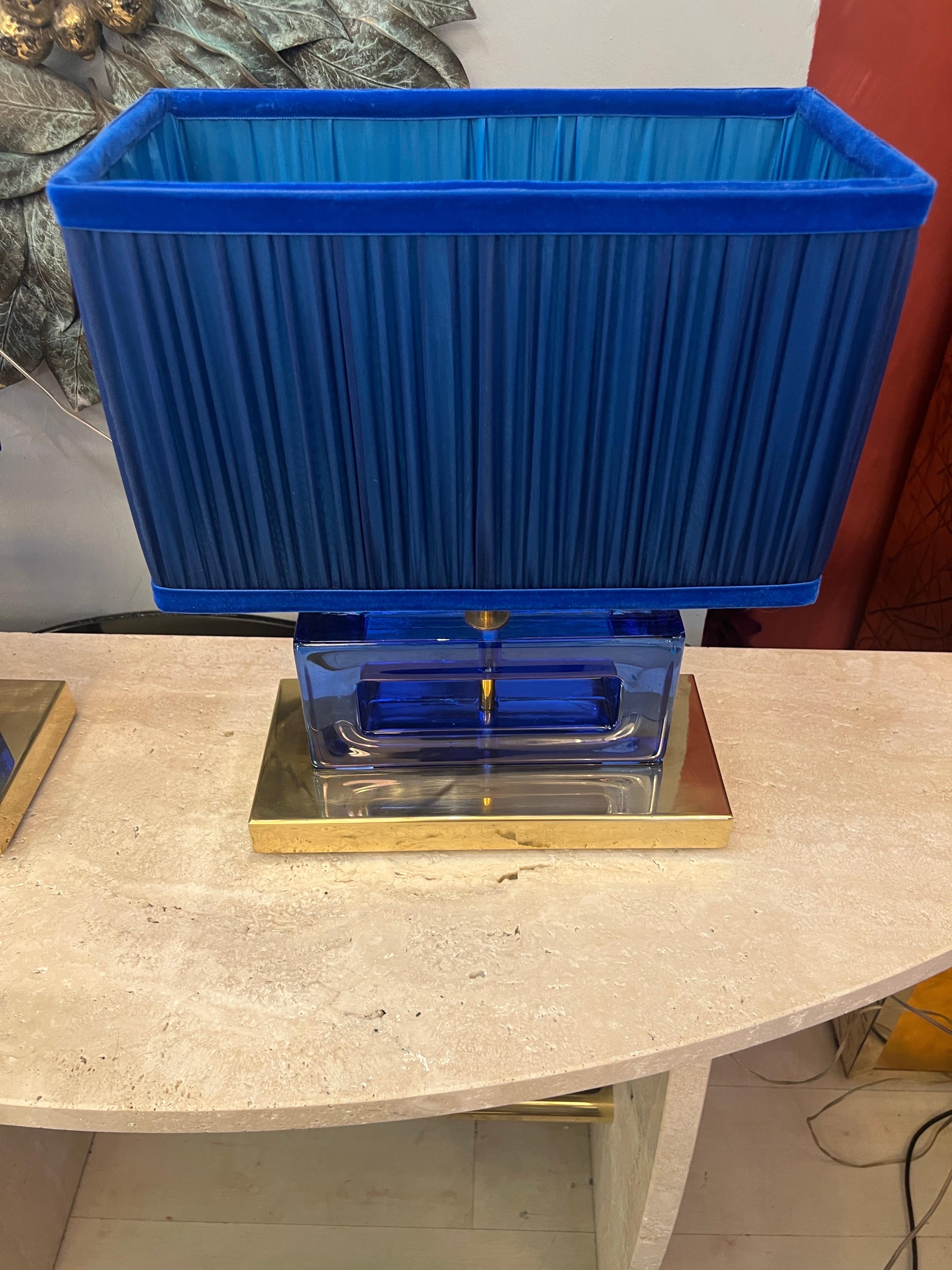 Pair of Blue Murano Glass Blocks Lamps with Our Double Color Lampshades, 1970s For Sale 1