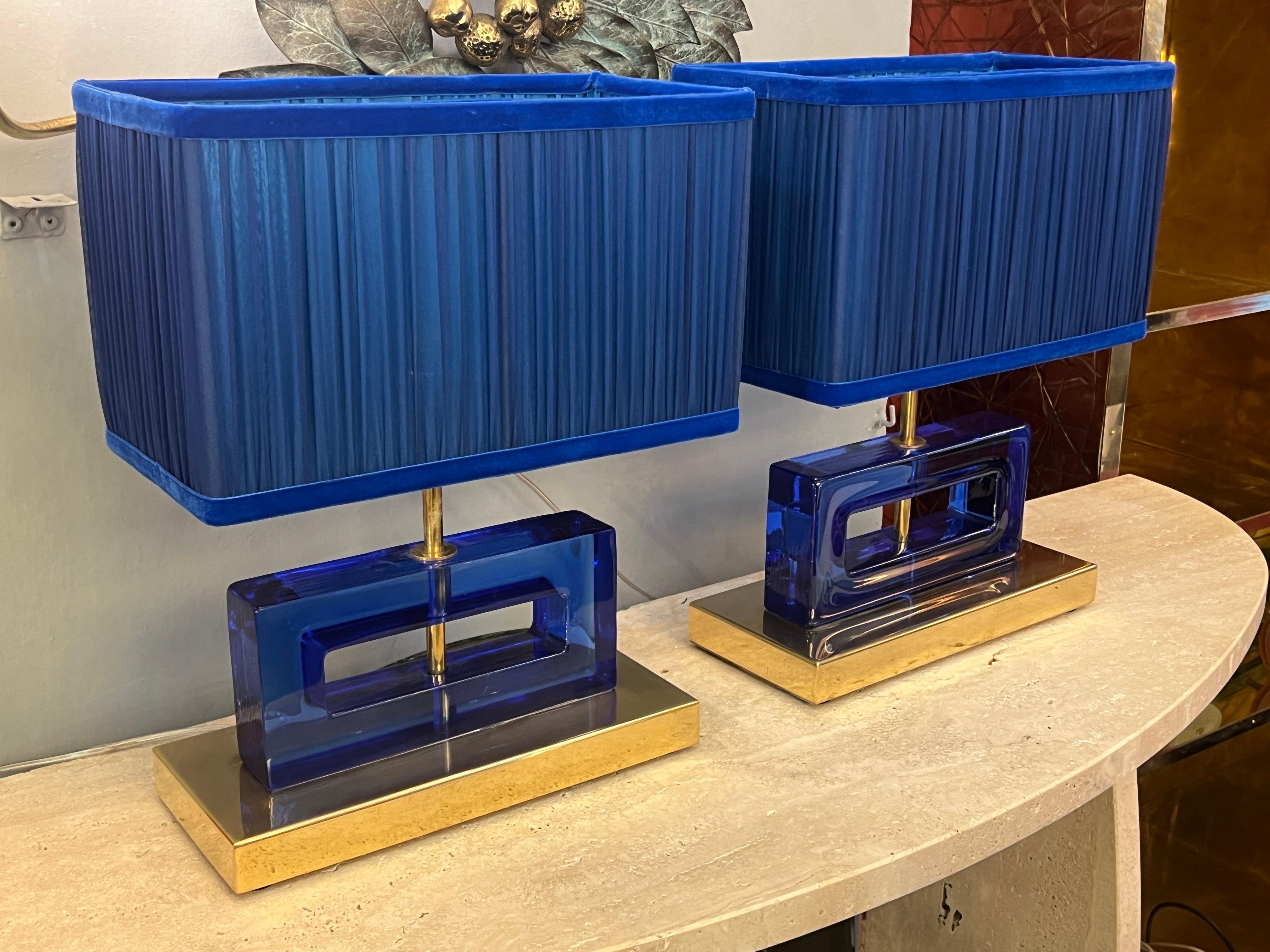 Pair of Blue Murano Glass Blocks Lamps with Our Double Color Lampshades, 1970s For Sale 2