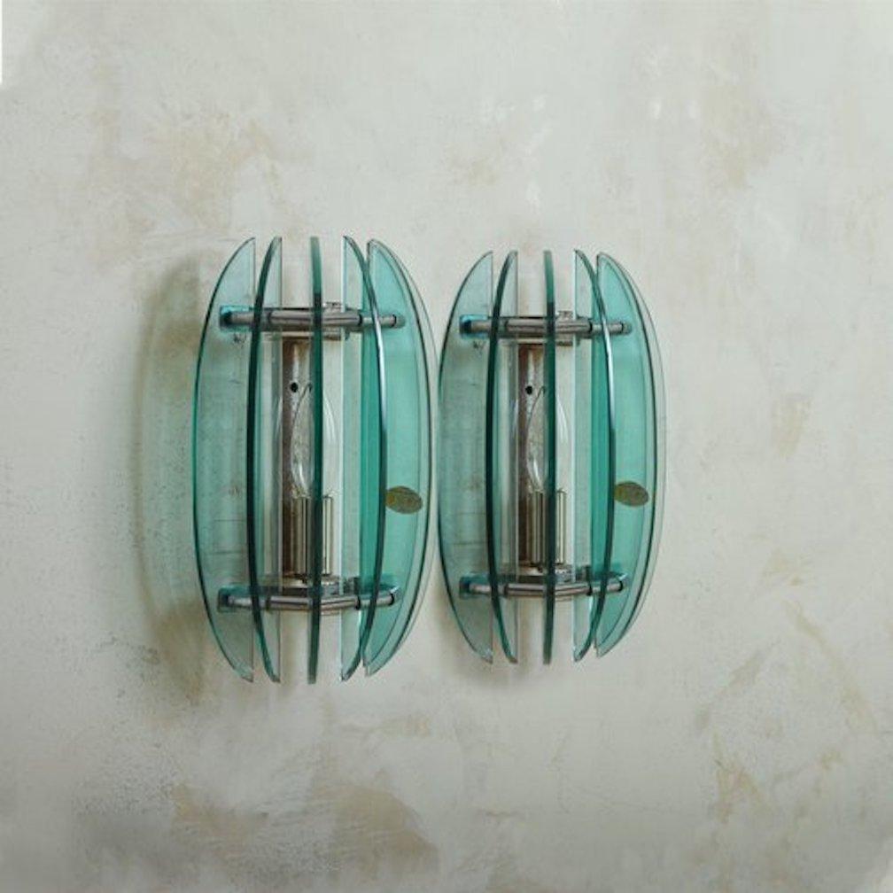 Mid-Century Modern Pair of Blue Murano Glass + Chrome Sconces by Veca, Italy 1970s For Sale
