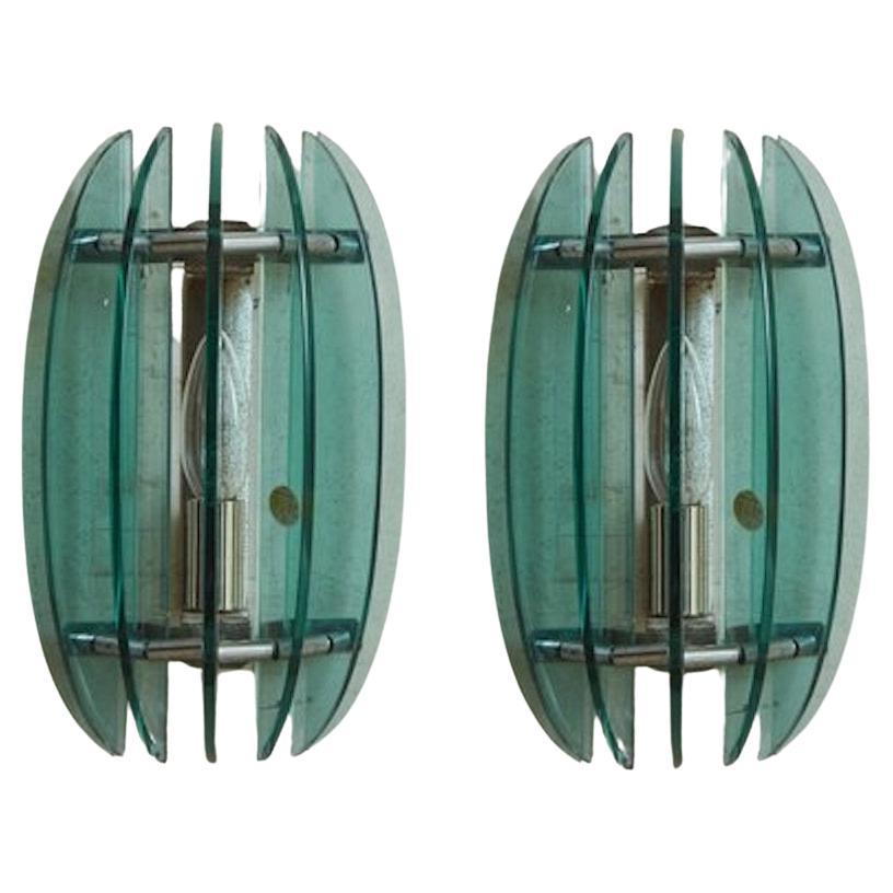 Pair of Blue Murano Glass + Chrome Sconces by Veca, Italy 1970s