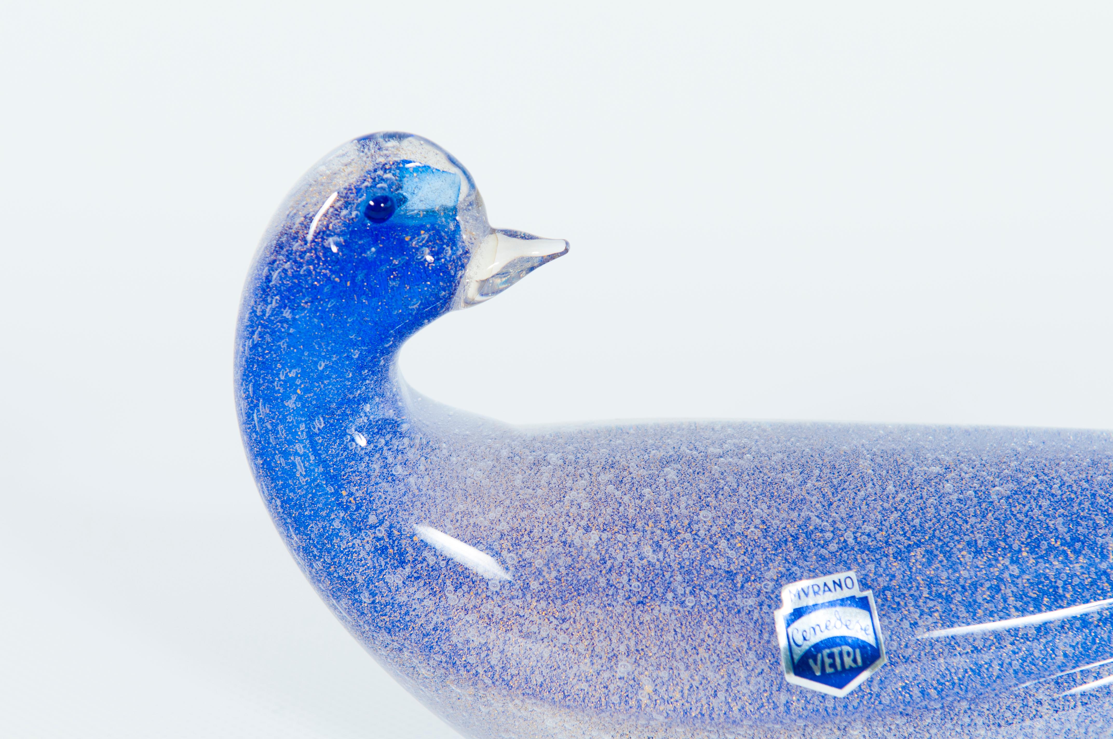 Hand-Crafted Pair of Blue Murano Glass Duck Sculptures Signed Cenedese 1980s Italy For Sale