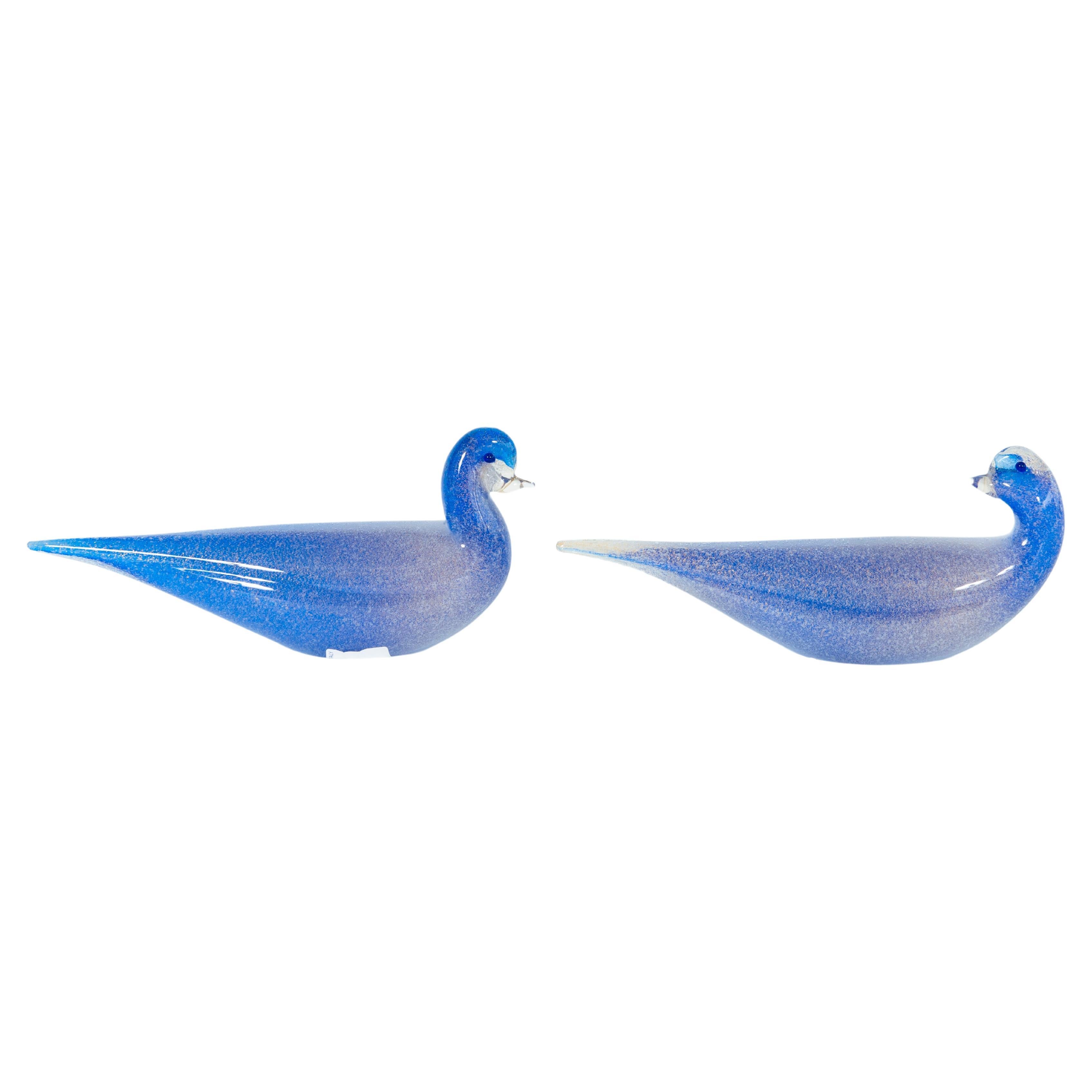 Paire de sculptures de canards en verre de Murano bleu signées Cenedese, Italie, années 1980