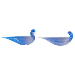 Pair of Blue Murano Glass Duck Sculptures Signed Cenedese 1980s Italy