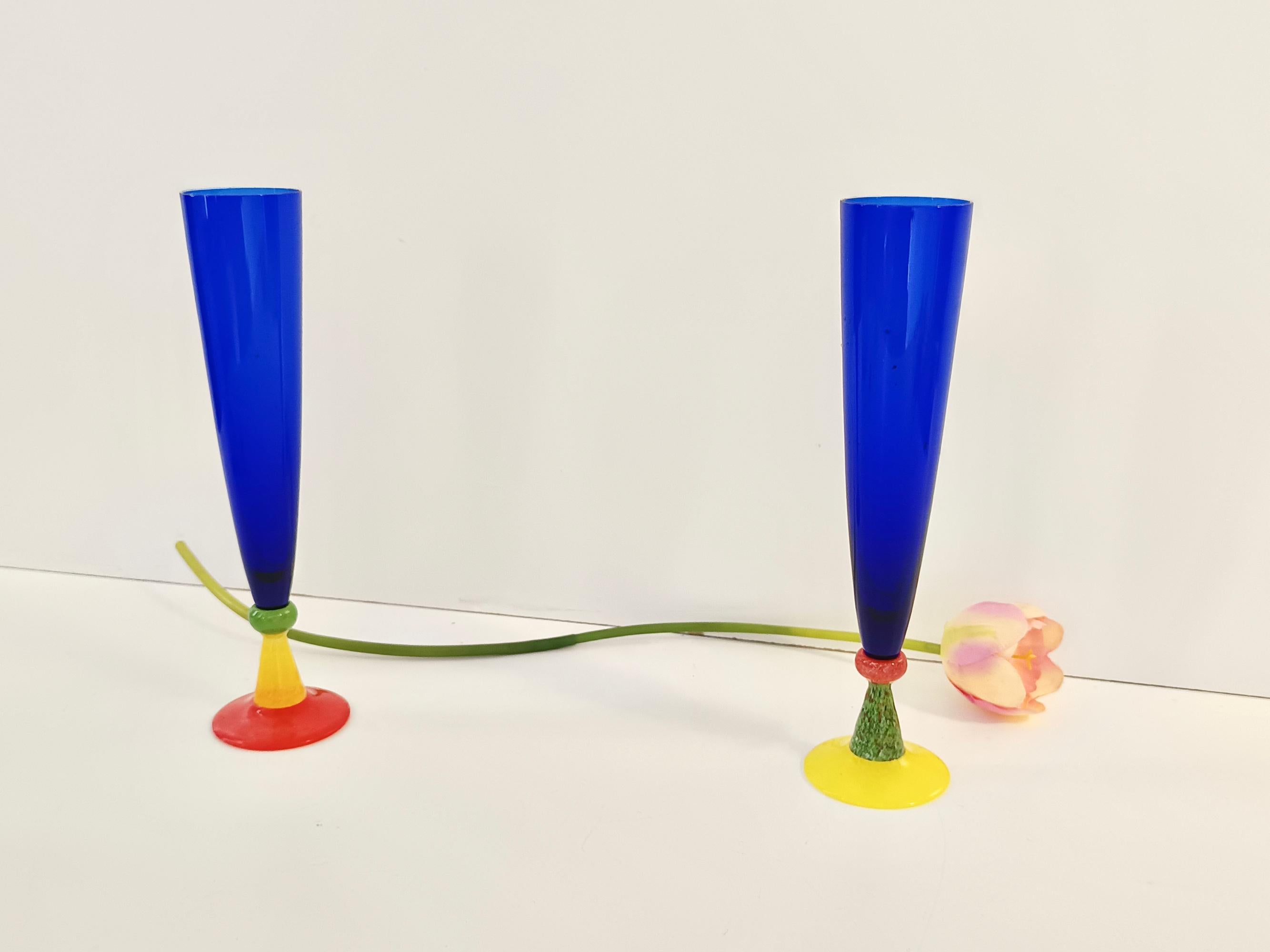 Made in Italy in 2000. 
These stem glasses are made in multicolored Murano glass and they are part of the collection 