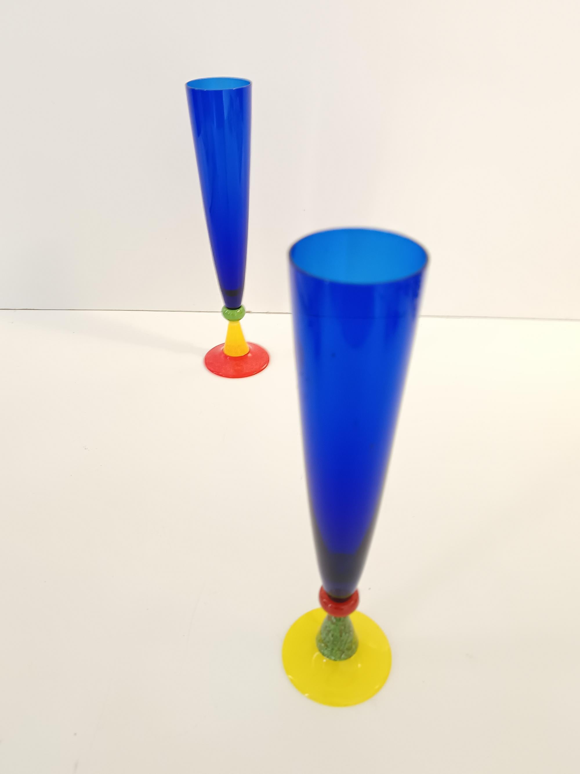 Contemporary Pair of Blue Murano Glass Flutes by Bisazza & Rotella, Italy 2000 For Sale