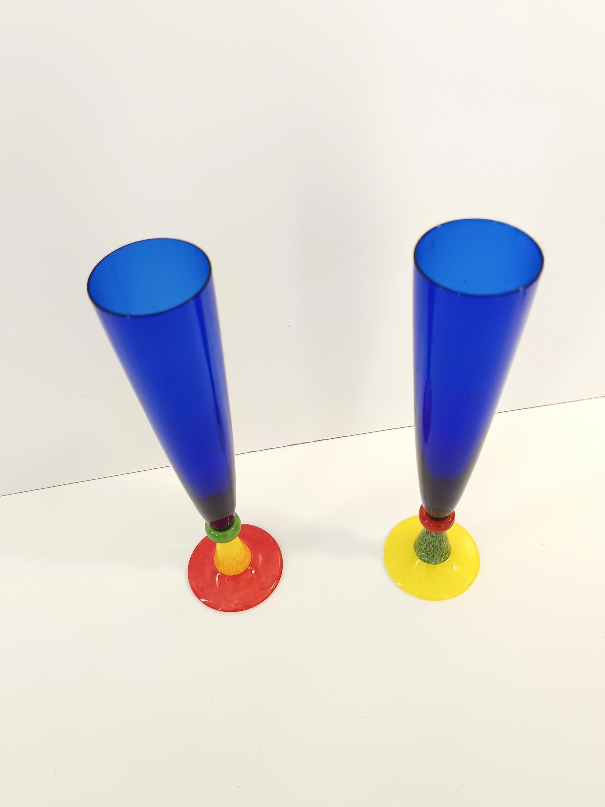 Pair of Blue Murano Glass Flutes by Bisazza & Rotella, Italy 2000 For Sale 1