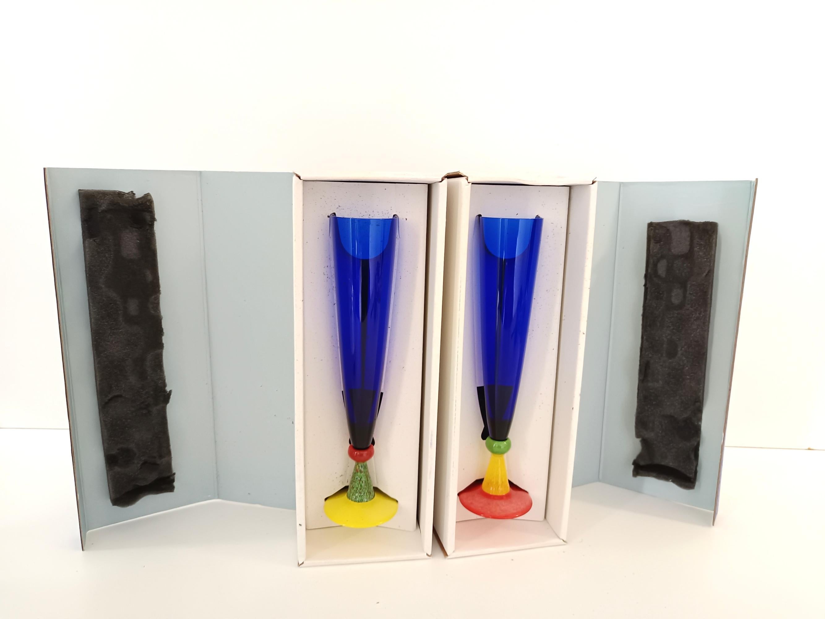 Pair of Blue Murano Glass Flutes by Bisazza & Rotella, Italy 2000 For Sale 4