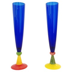 Pair of Blue Murano Glass Flutes by Bisazza & Rotella, Italy 2000