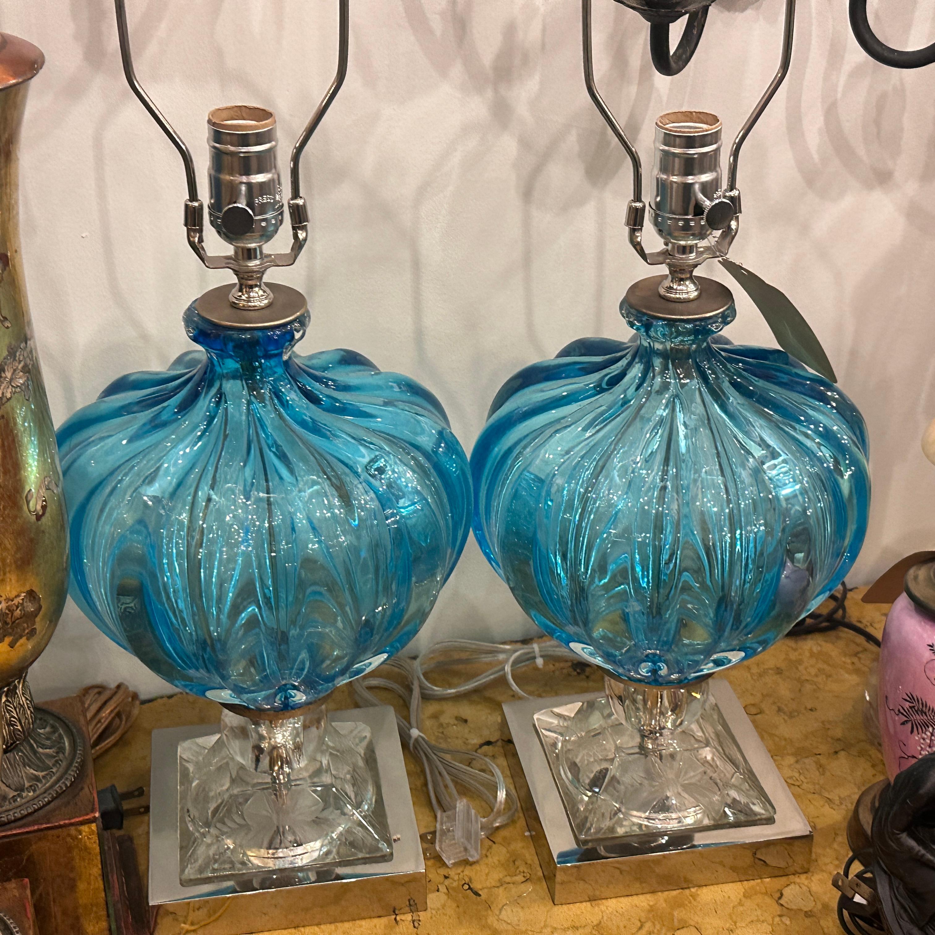 Coppia di lampade in vetro di Murano blu in vendita 6