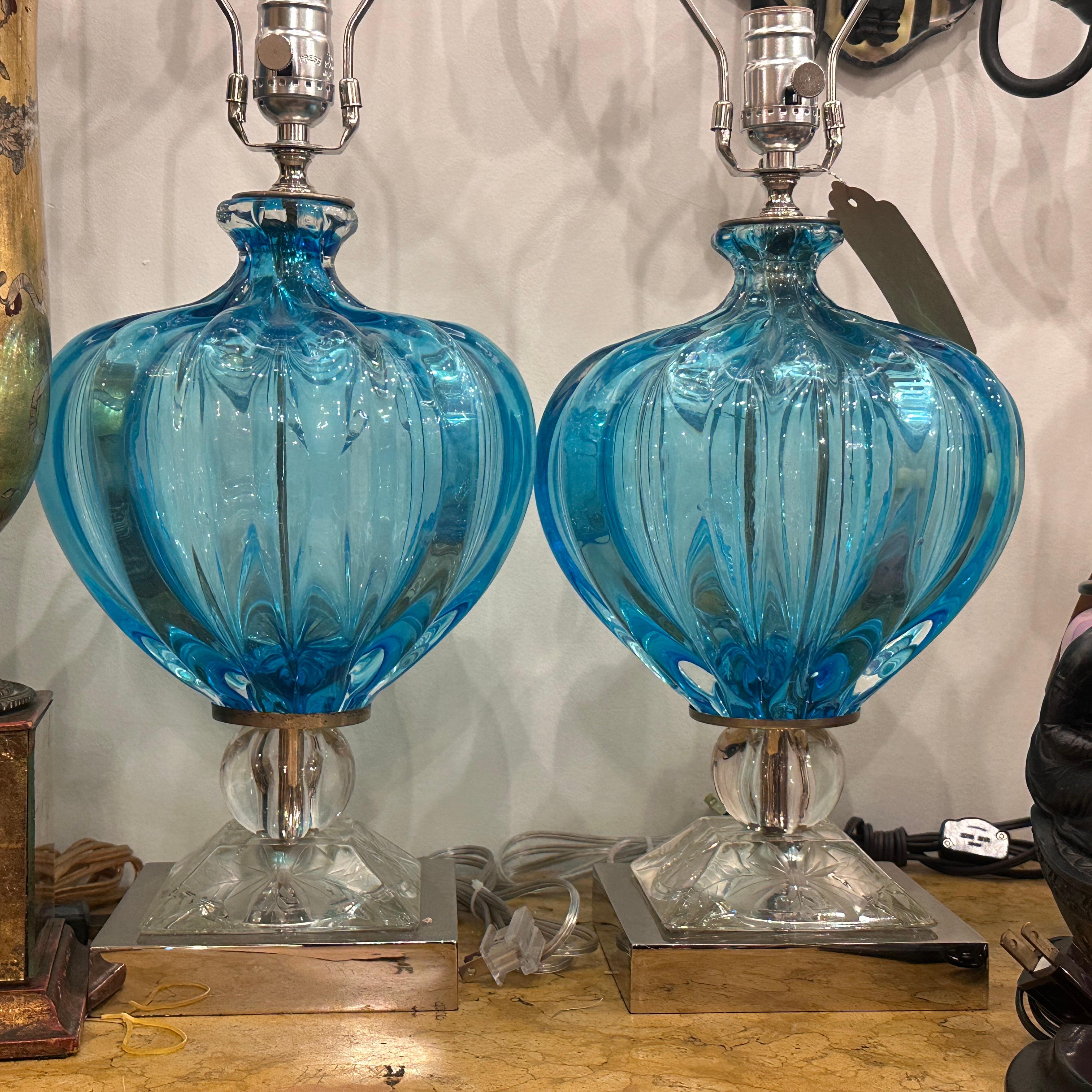 Coppia di lampade in vetro di Murano blu in vendita 7