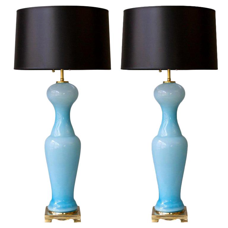 Pair of Sky Blue Pawn-Shaped Italian Murano Glass Lamps