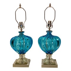 Pair of Blue Murano Glass Lamps