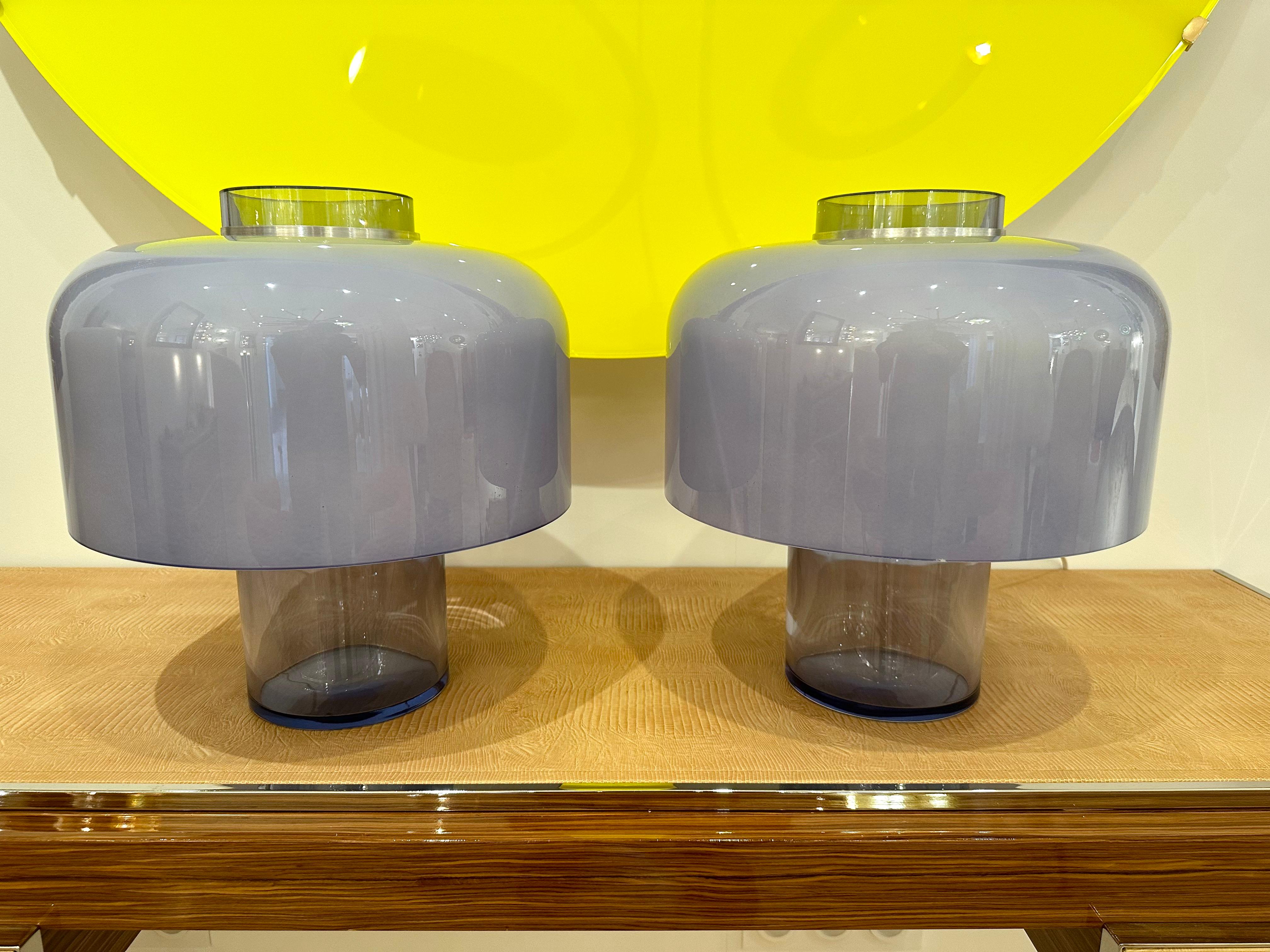 Metal Pair of Blue Murano Glass Lamps design Carlo Nason. Italy