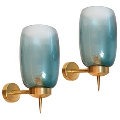 Pair of Blue Murano Glass Mid-Century Modern Sconces Attributed to Seguso