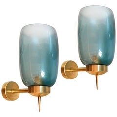 Pair of Blue Murano Glass Mid-Century Modern Sconces Attributed to Seguso