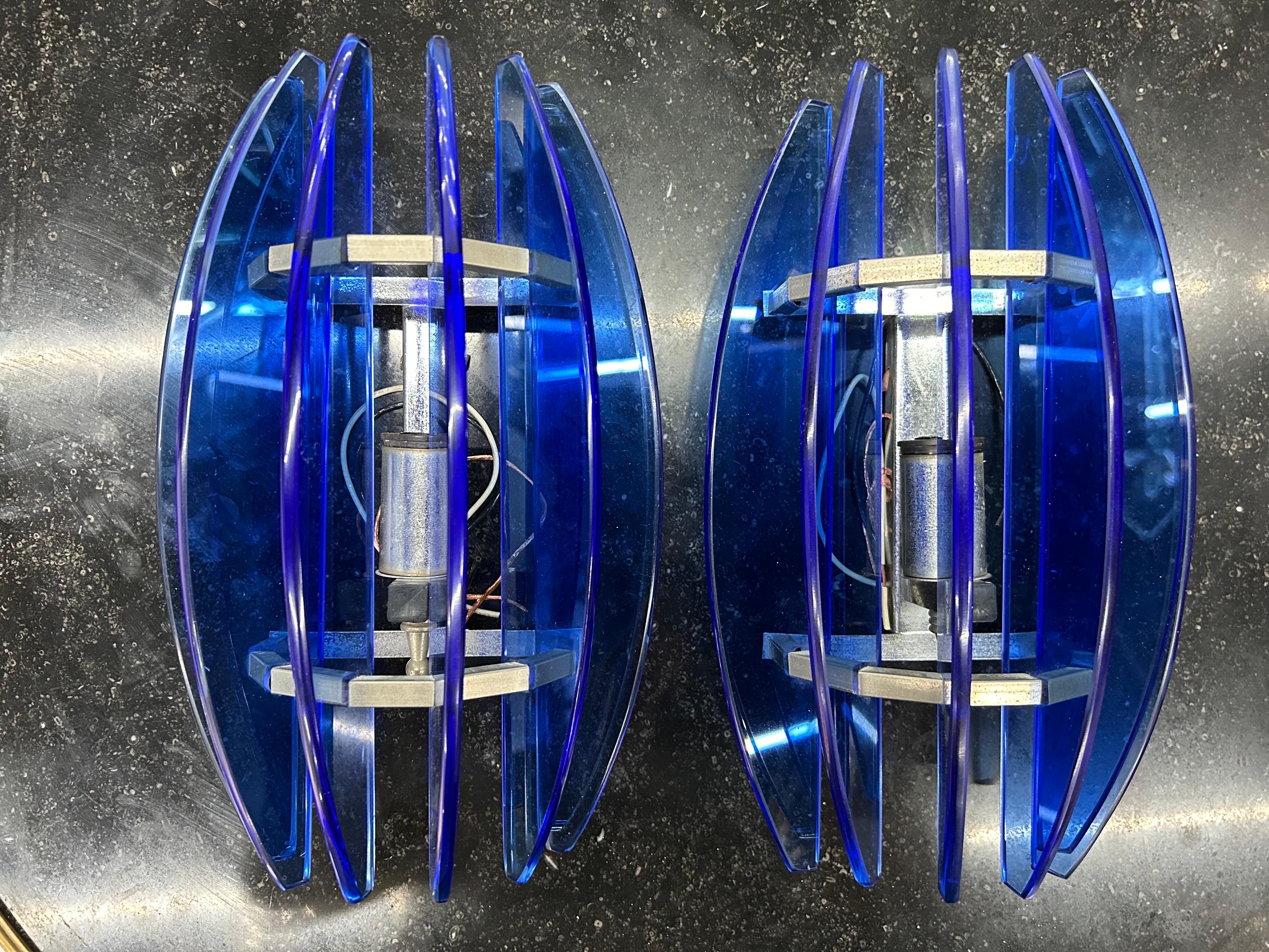 Italian Pair of Blue Murano Glass Sconces by Veca