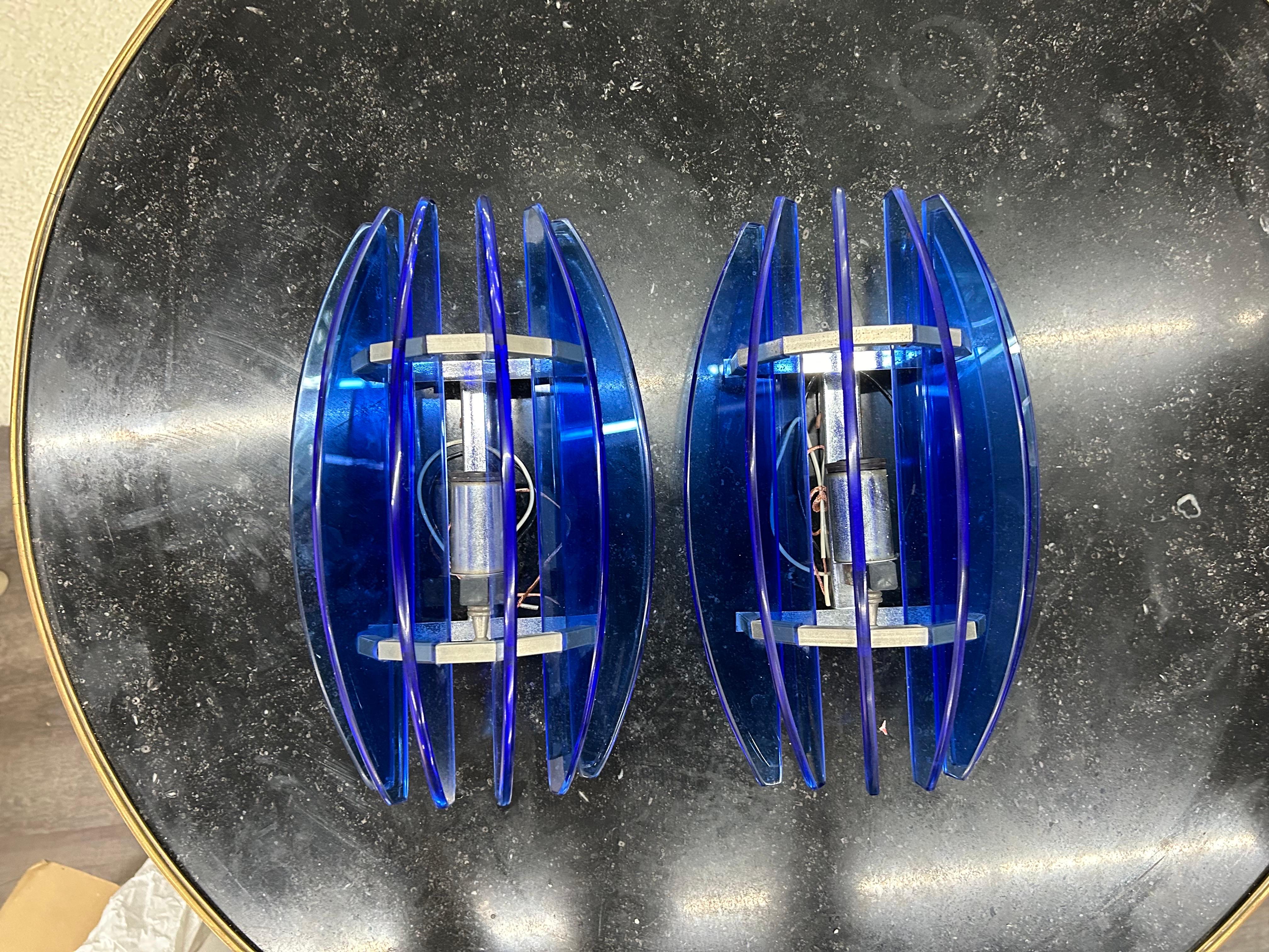 Chrome Pair of Blue Murano Glass Sconces by Veca