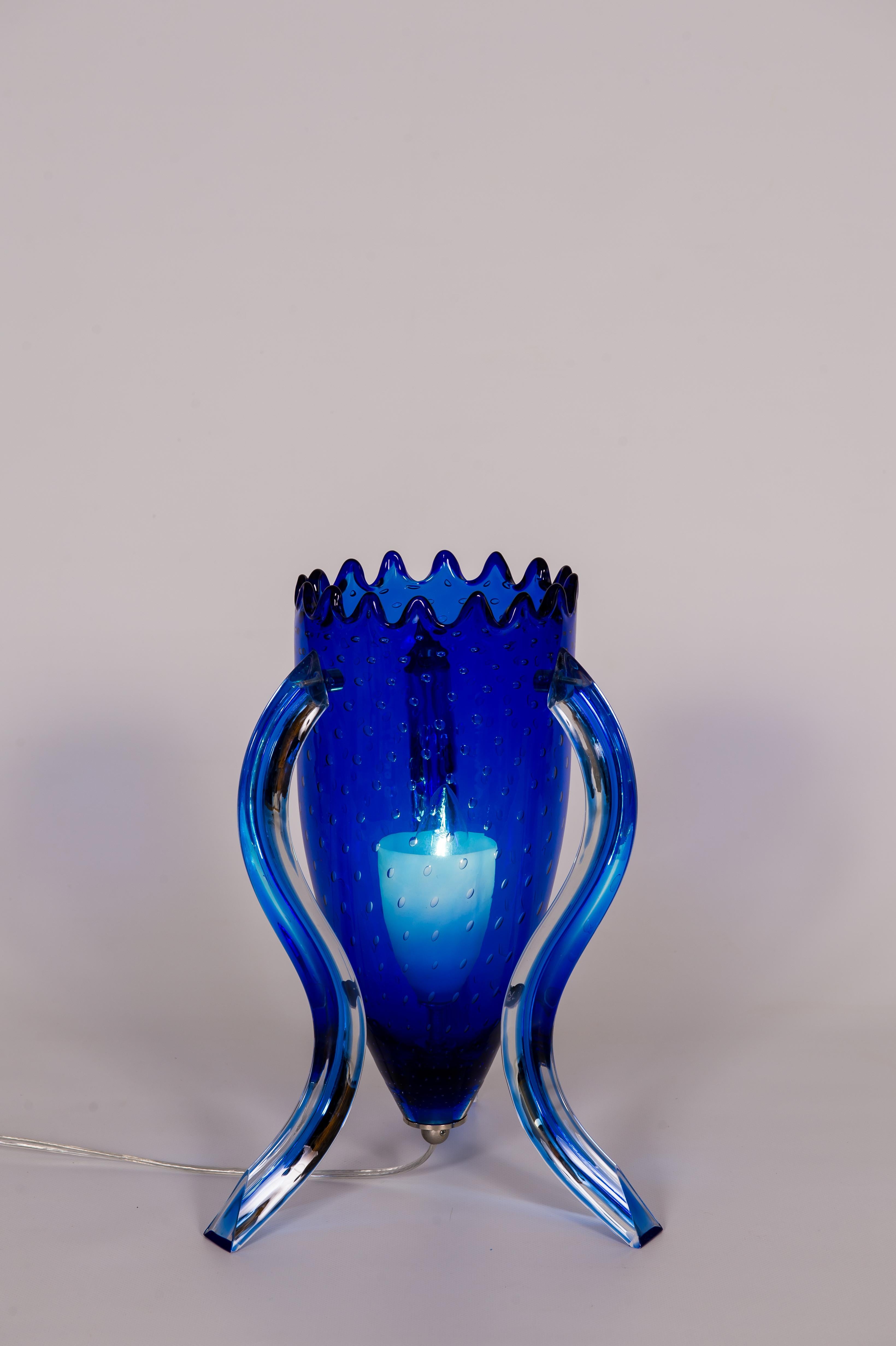 Pair of Blue Murano Glass Table Lamps with Morise Decorations, Italy 1990s For Sale 3