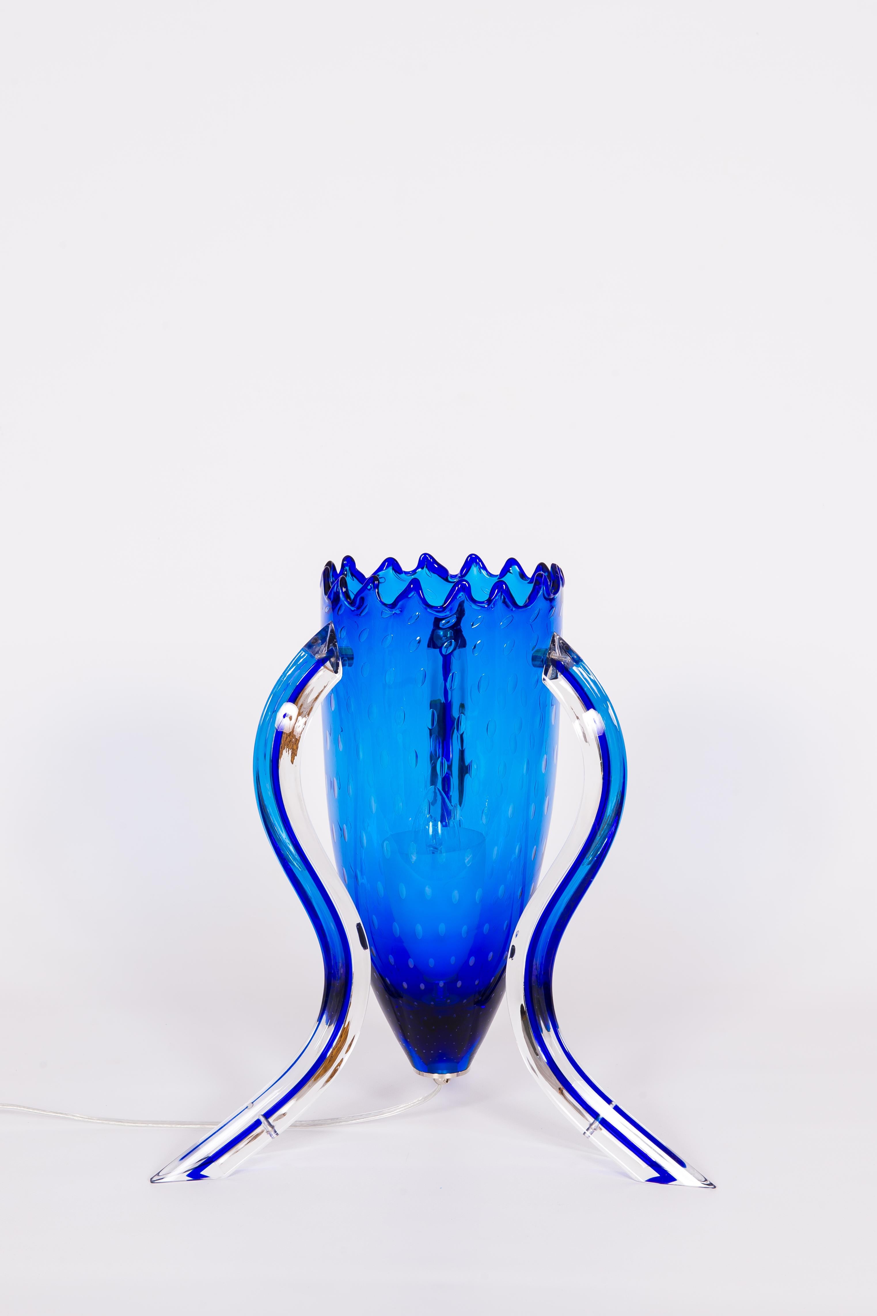 Pair of Blue Murano Glass Table Lamps with Morise Decorations, Italy 1990s For Sale 5