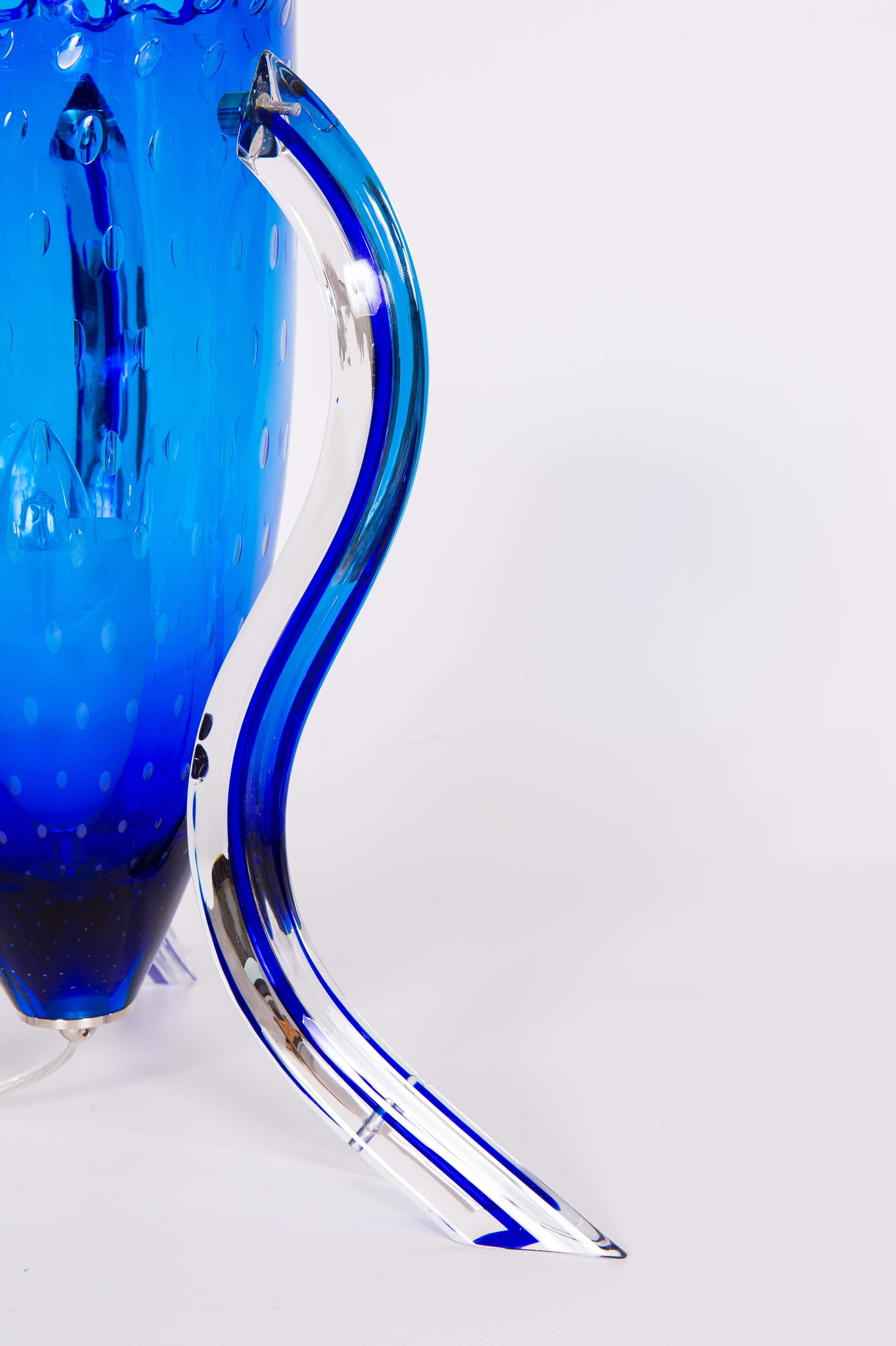 Paar blaue Muranoglas-Tischlampen mit Morise-Dekorationen, Italien 1990er Jahre im Angebot 9