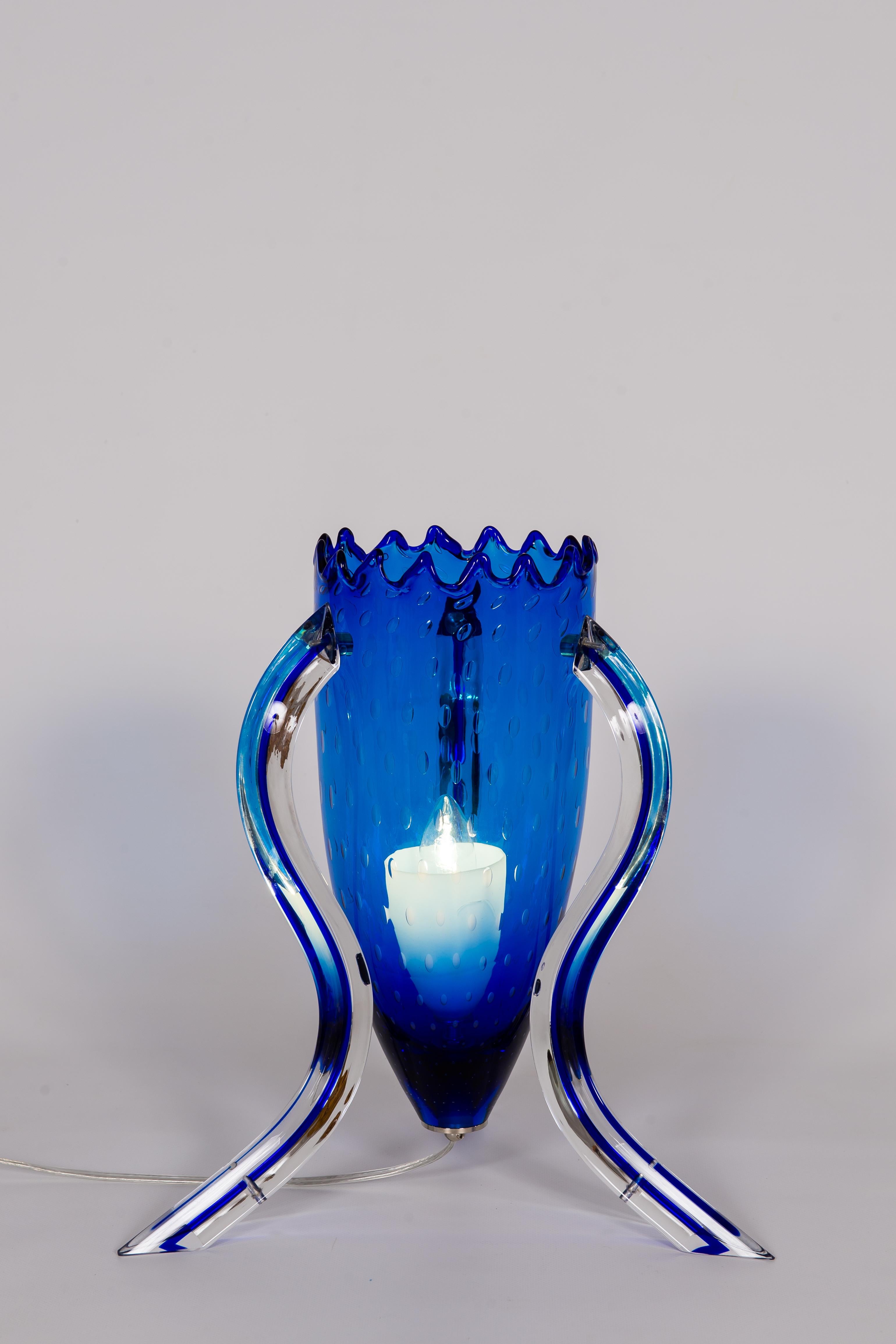 Paar blaue Muranoglas-Tischlampen mit Morise-Dekorationen, Italien 1990er Jahre im Angebot 12